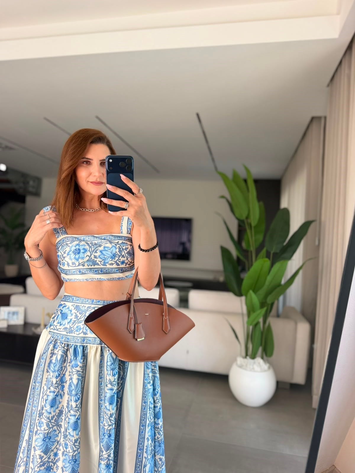 Mavi Aqua Desenli Crop Etek Takım