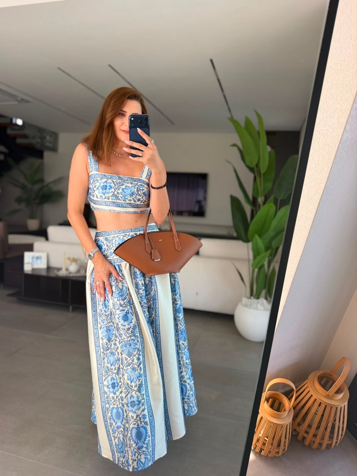 Mavi Aqua Desenli Crop Etek Takım