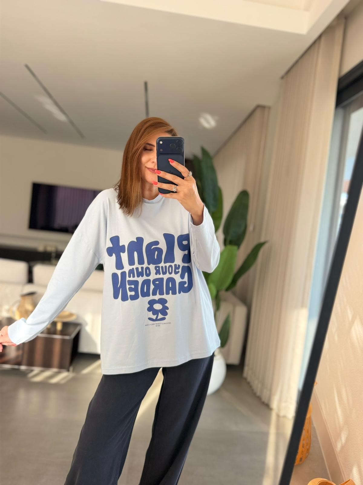 Mavi Baskılı Uzun Kollu Basıc Sweatshırt