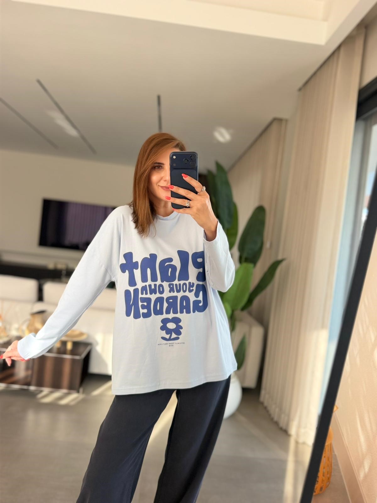 Mavi Baskılı Uzun Kollu Basıc Sweatshırt