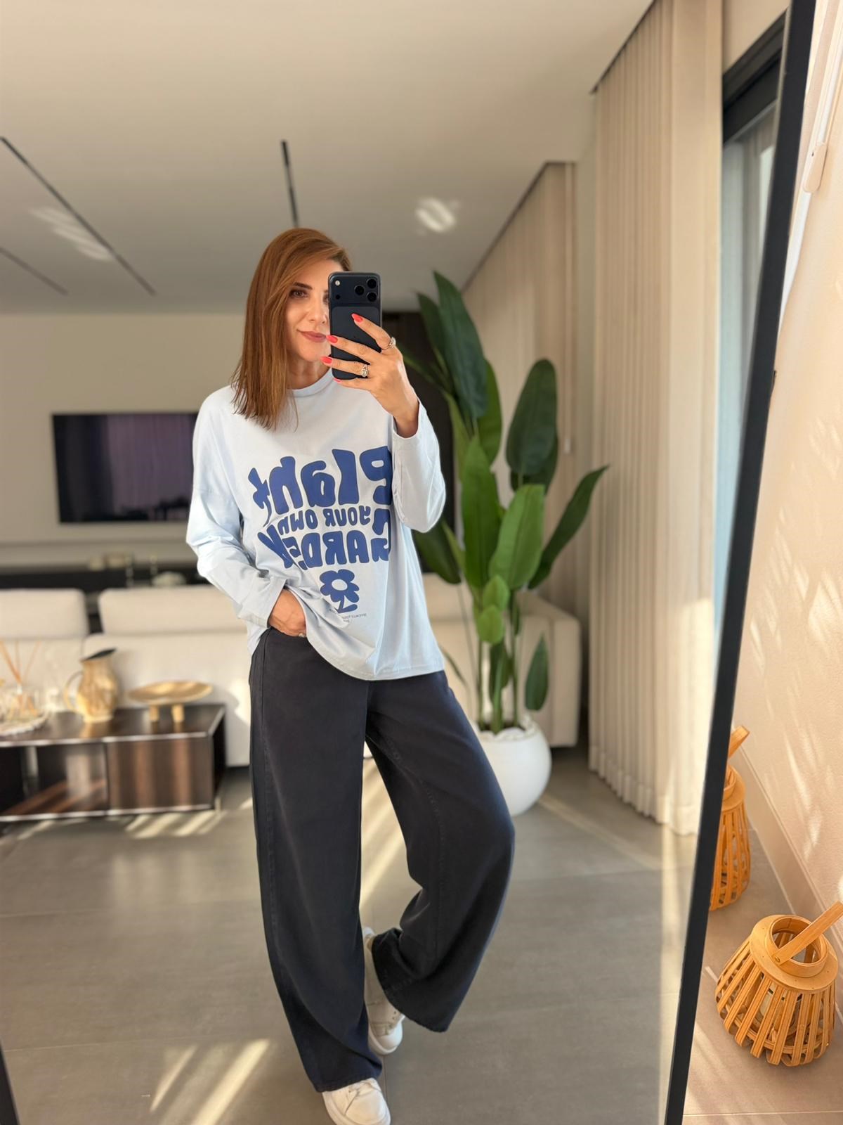 Mavi Baskılı Uzun Kollu Basıc Sweatshırt