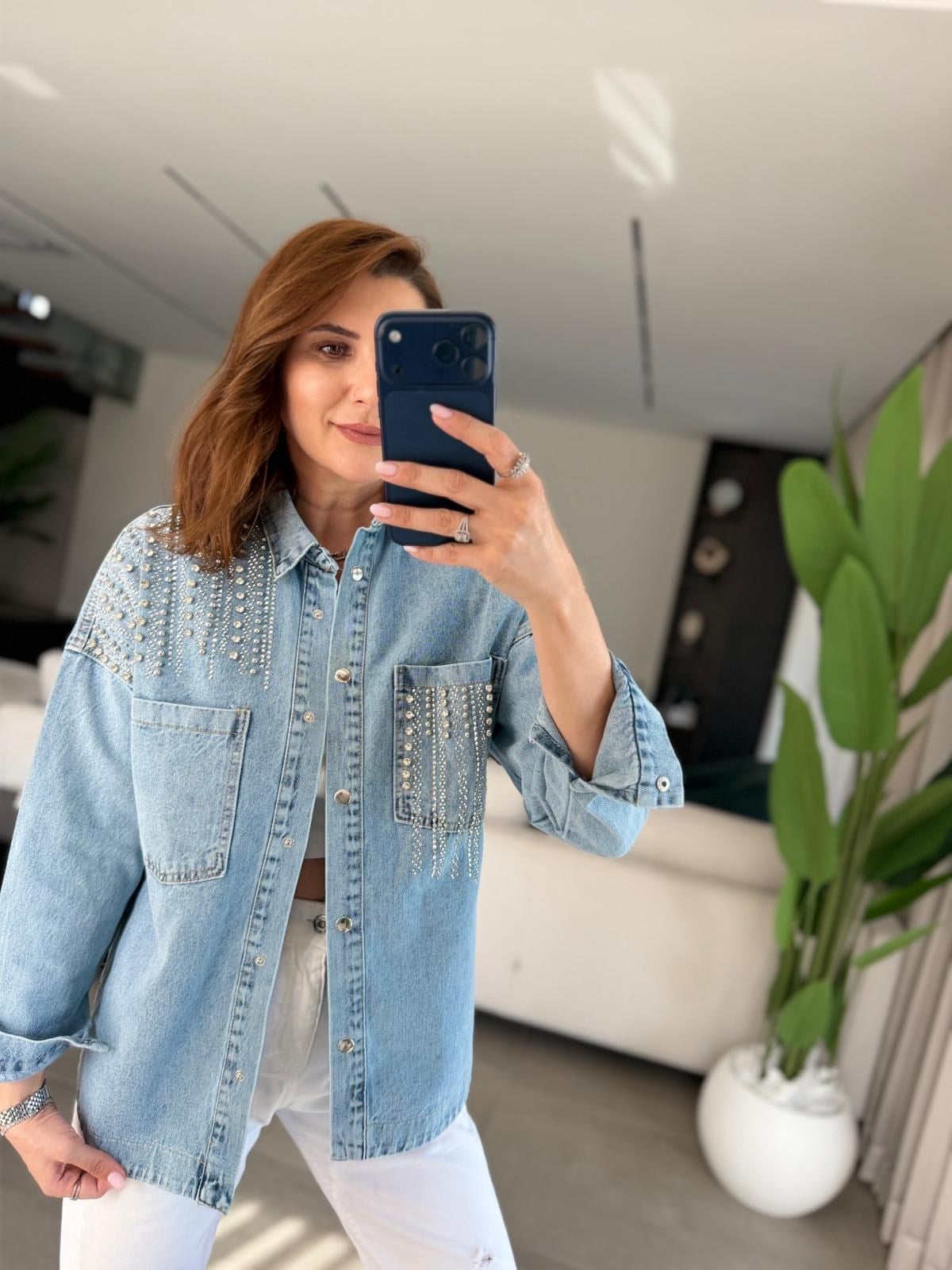 Mavi Çift Cepli Taşlı Kot Ceket