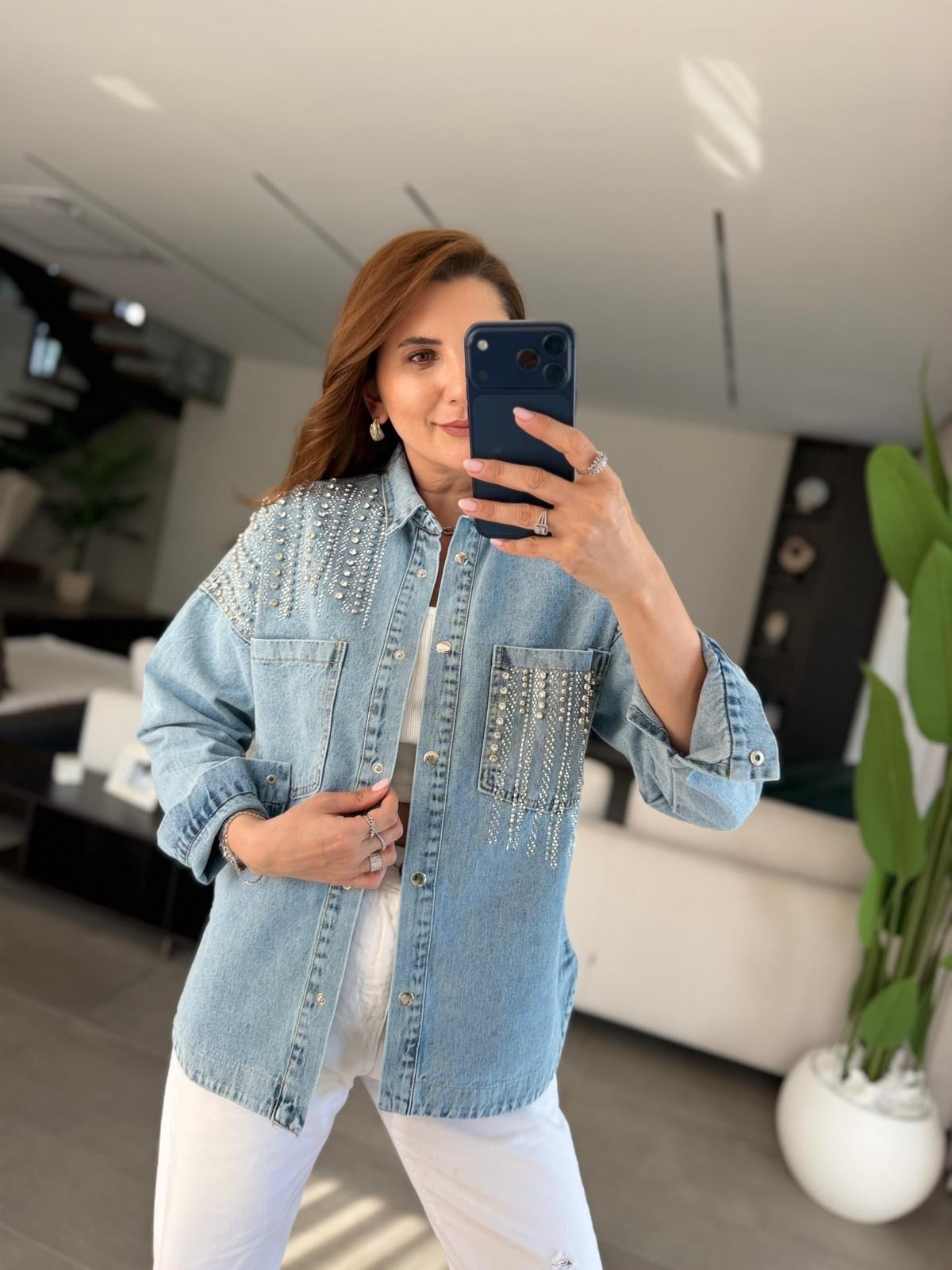 Mavi Çift Cepli Taşlı Kot Ceket