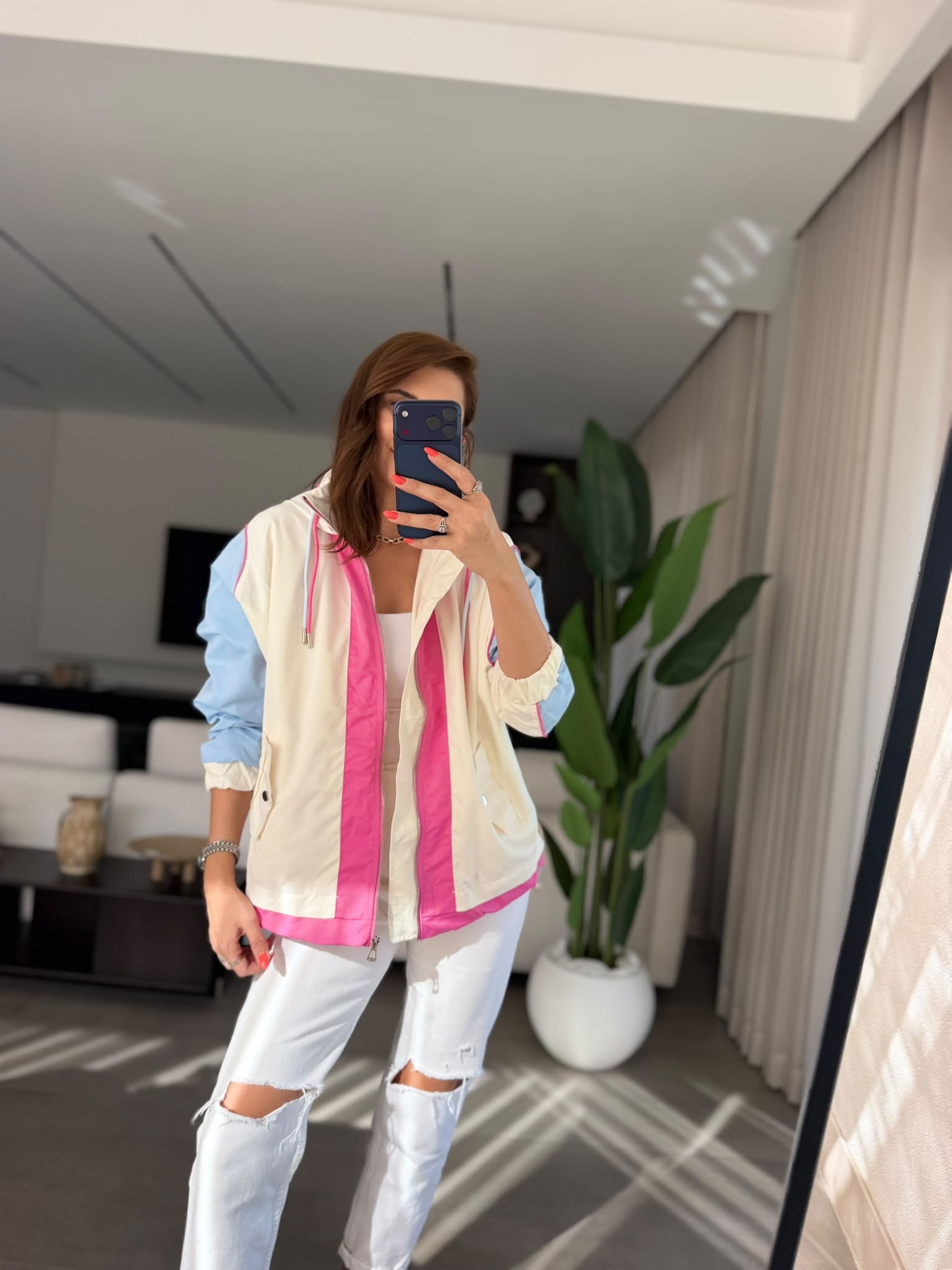 Mavi Color Block Kapşonlu Yağmurluk