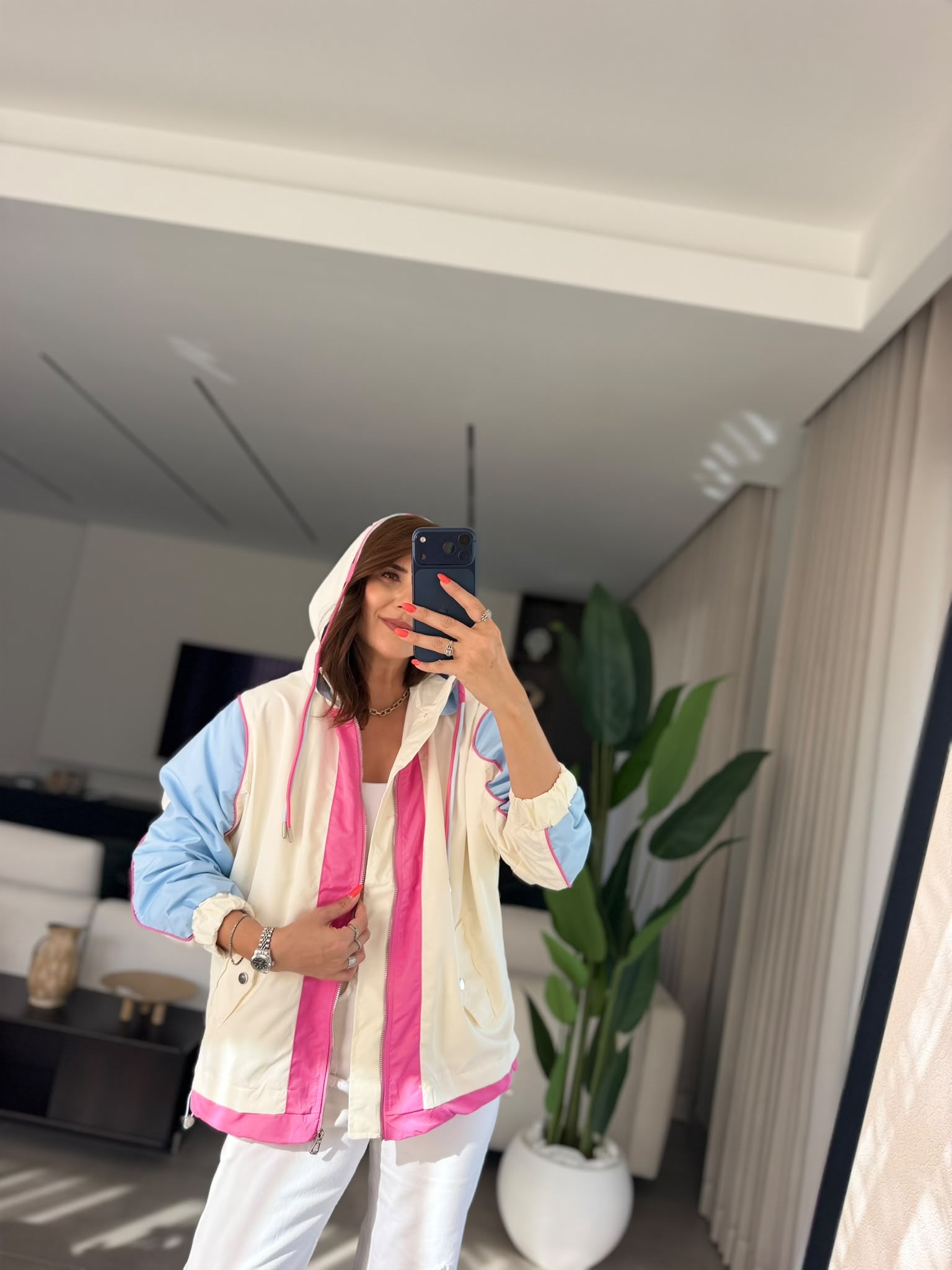 Mavi Color Block Kapşonlu Yağmurluk