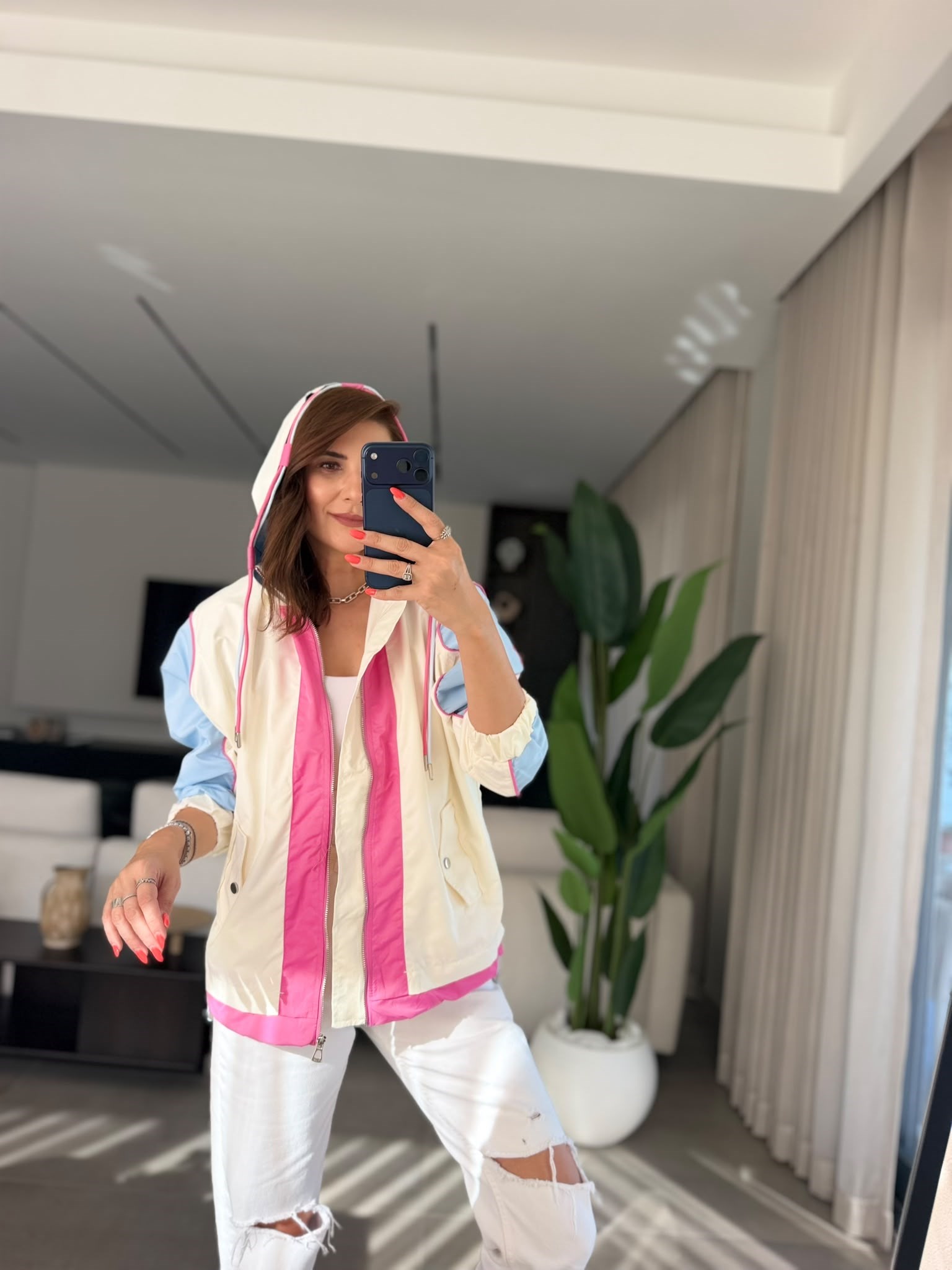 Mavi Color Block Kapşonlu Yağmurluk