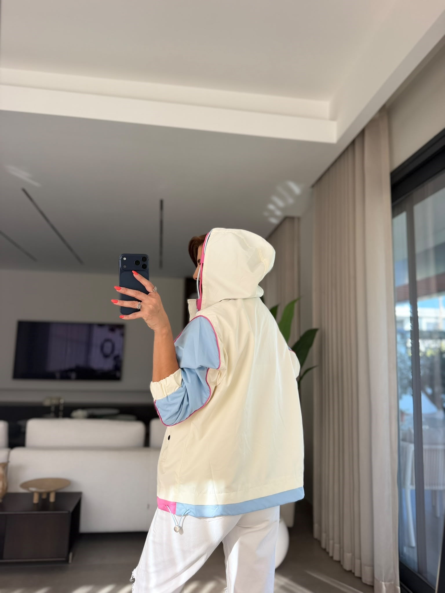 Mavi Color Block Kapşonlu Yağmurluk