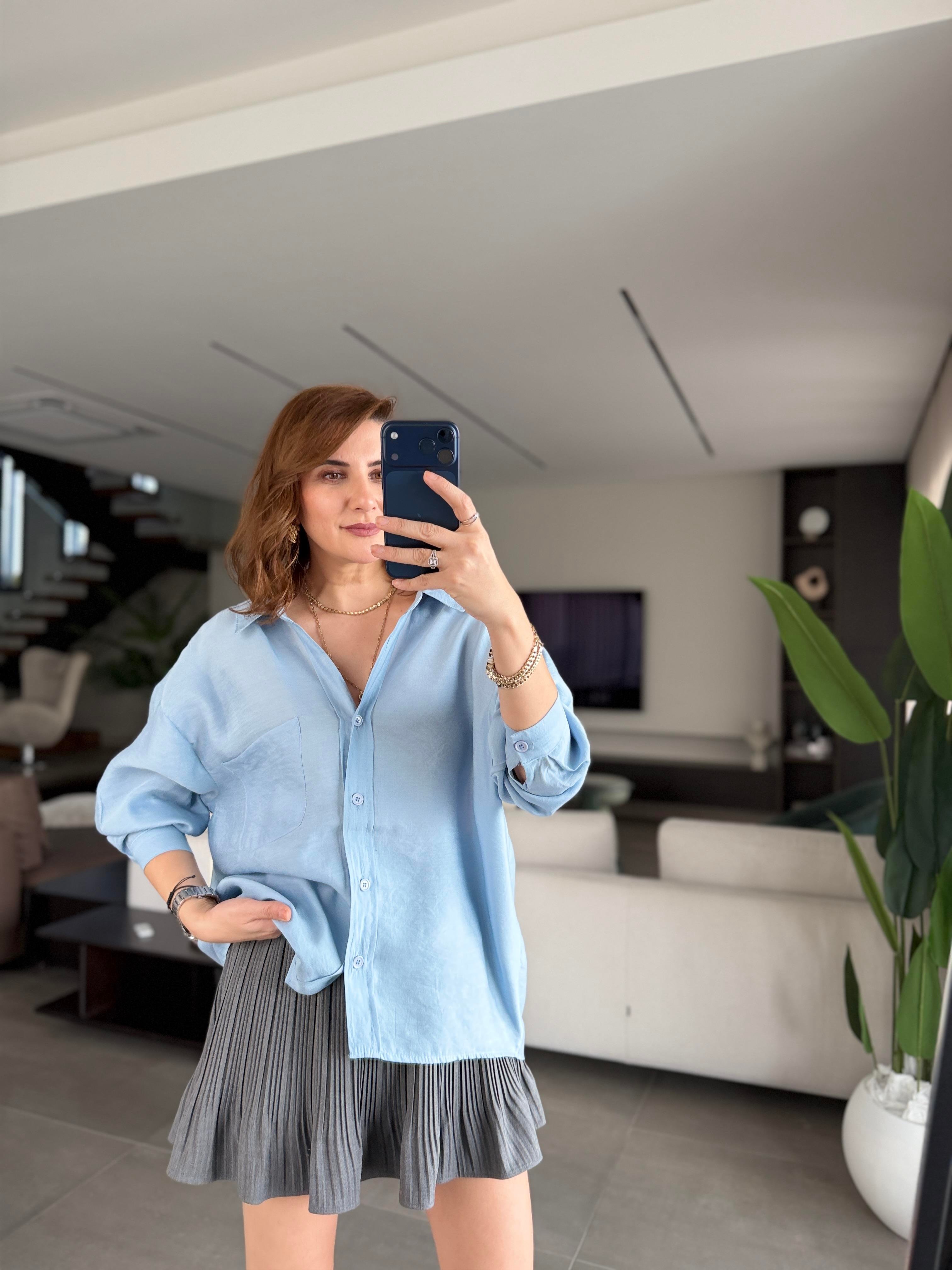 Mavi Düşük Omuz Oversize Gömlek