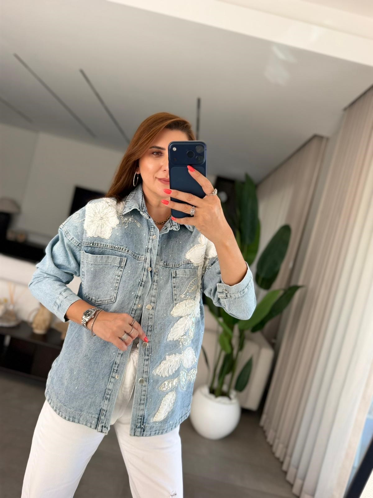 Mavi İnci Çiçek İşlemeli Denim Ceket