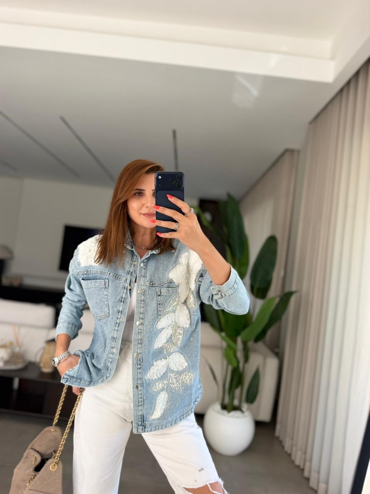 Mavi İnci Çiçek İşlemeli Denim Ceket