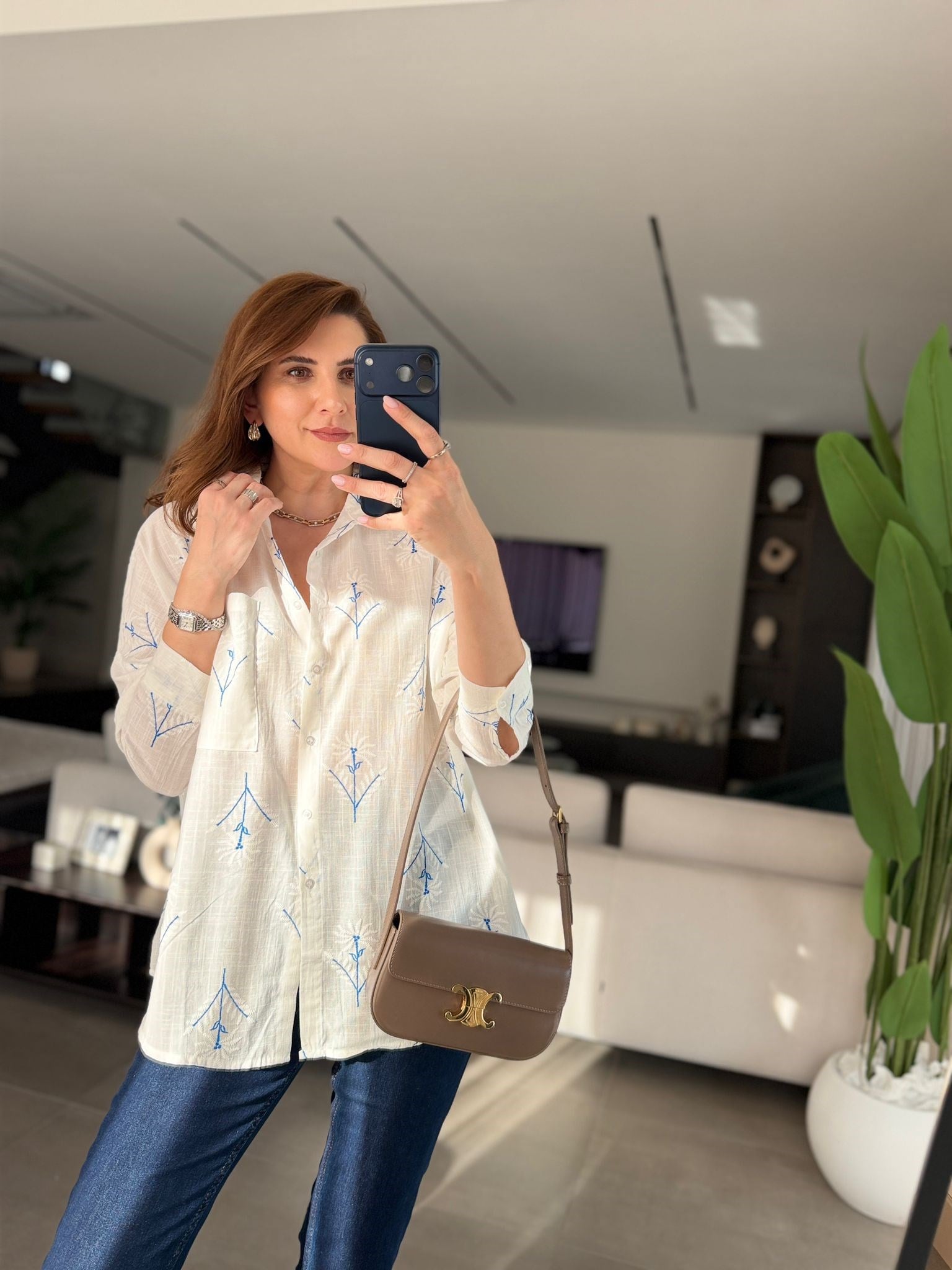 Mavi Keten Nakışlı Gömlek