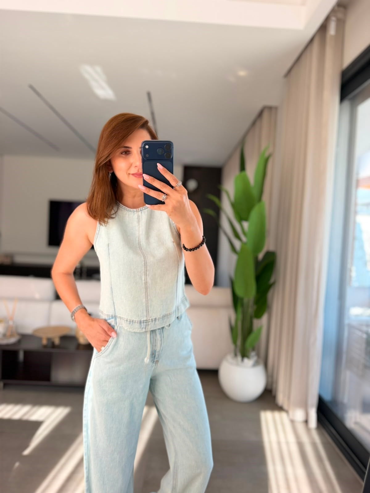 Mavi Kot Tencel Bağlamalı Pantolon Takım