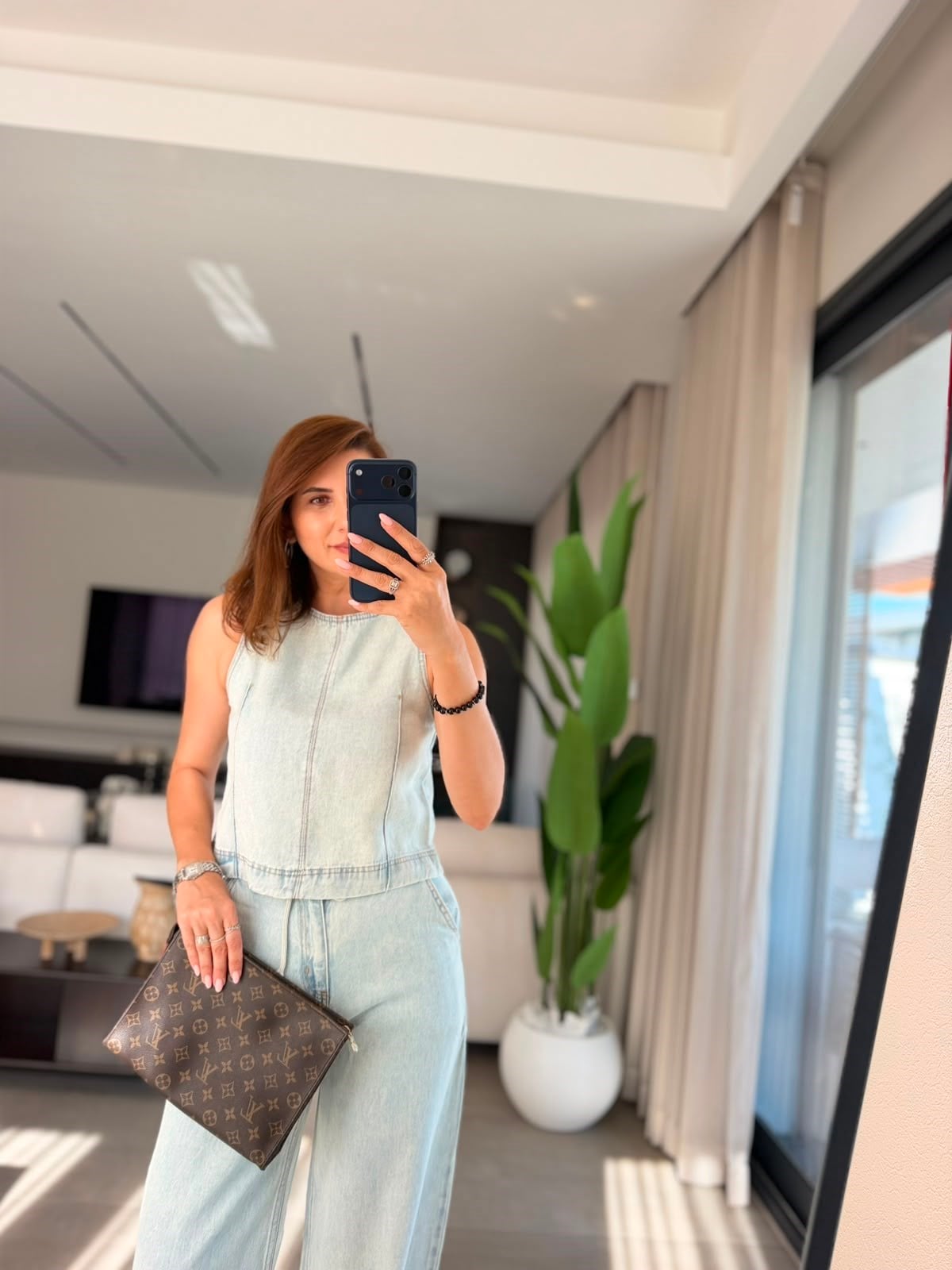 Mavi Kot Tencel Bağlamalı Pantolon Takım