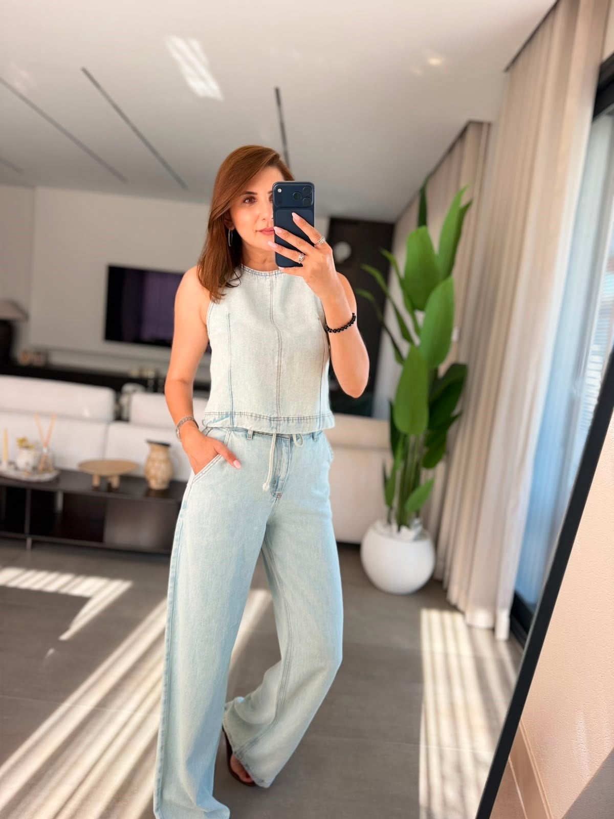 Mavi Kot Tencel Bağlamalı Pantolon Takım