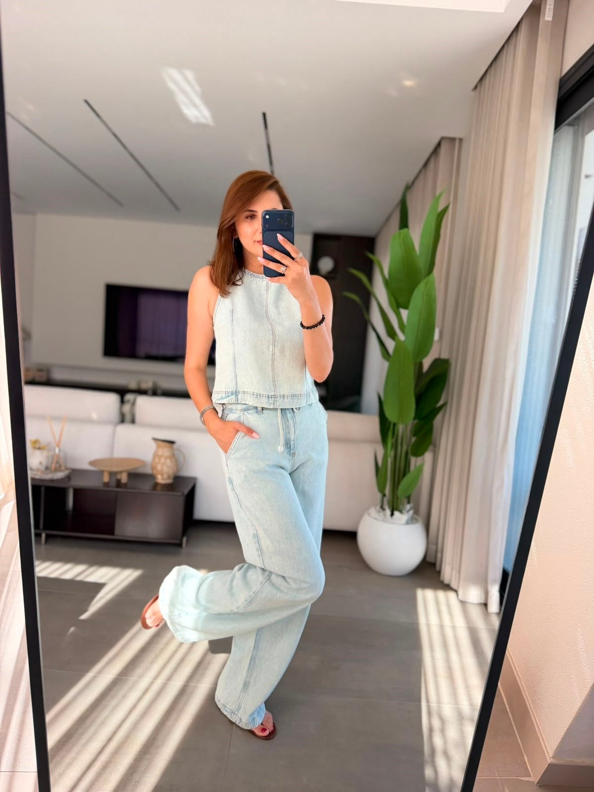 Mavi Kot Tencel Bağlamalı Pantolon Takım
