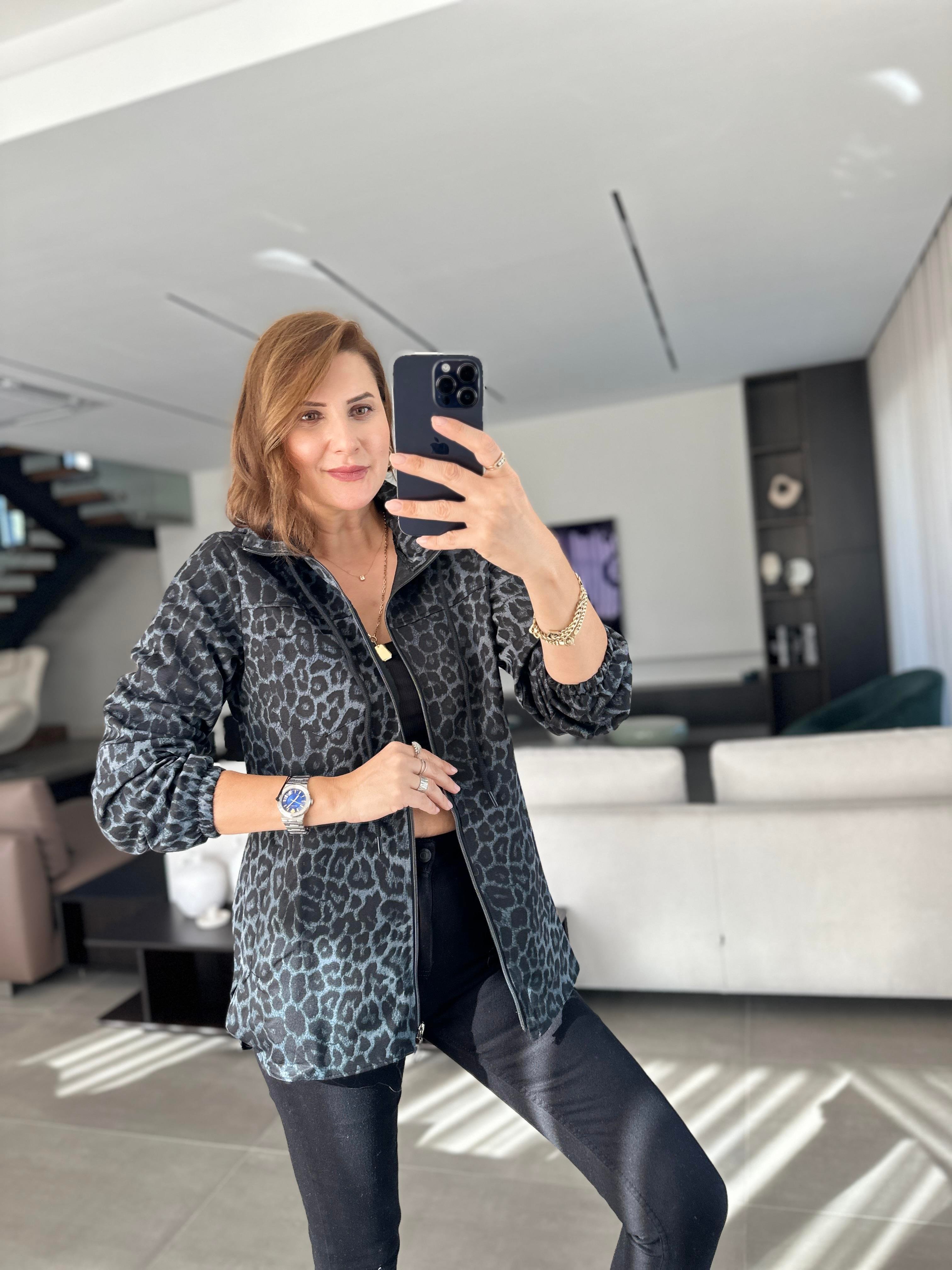 Mavi Leopar Desenli Gabardin Ceket