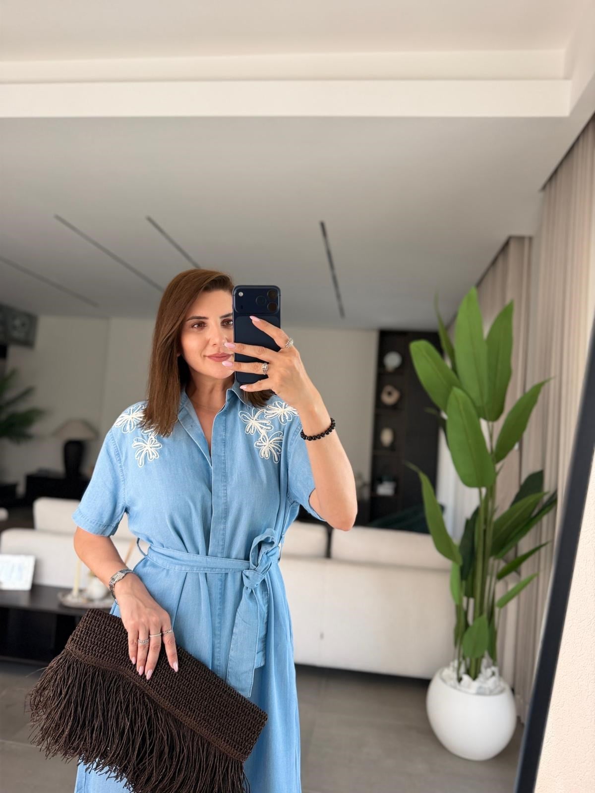 Mavi Nakışlı Tencel Kısa Kollu Elbise