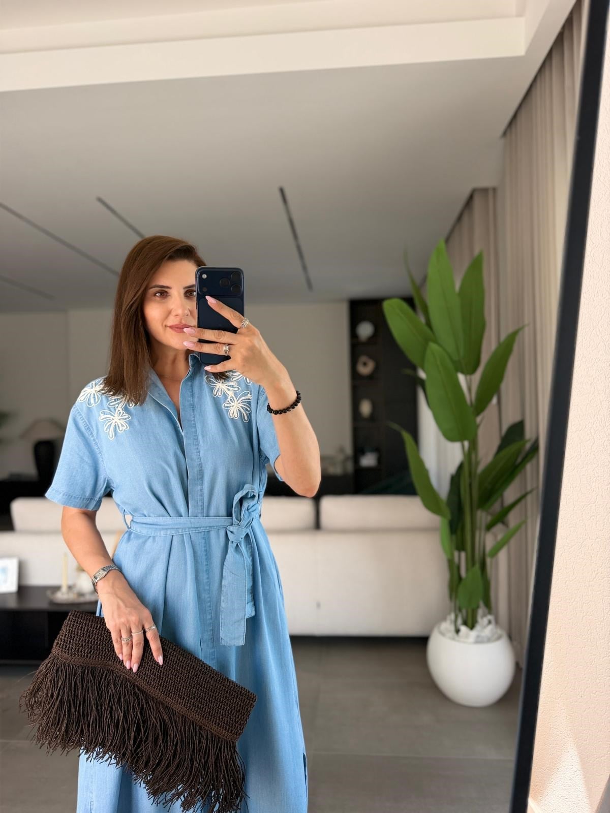 Mavi Nakışlı Tencel Kısa Kollu Elbise