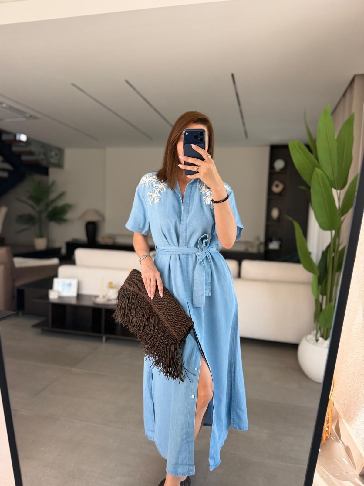 Mavi Nakışlı Tencel Kısa Kollu Elbise