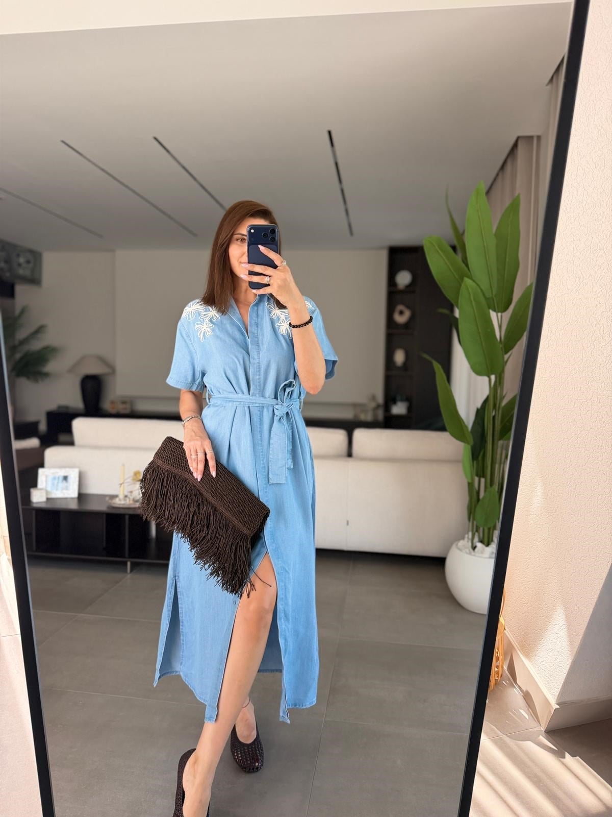 Mavi Nakışlı Tencel Kısa Kollu Elbise