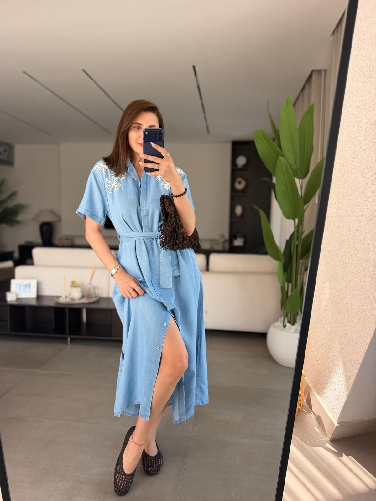 Mavi Nakışlı Tencel Kısa Kollu Elbise