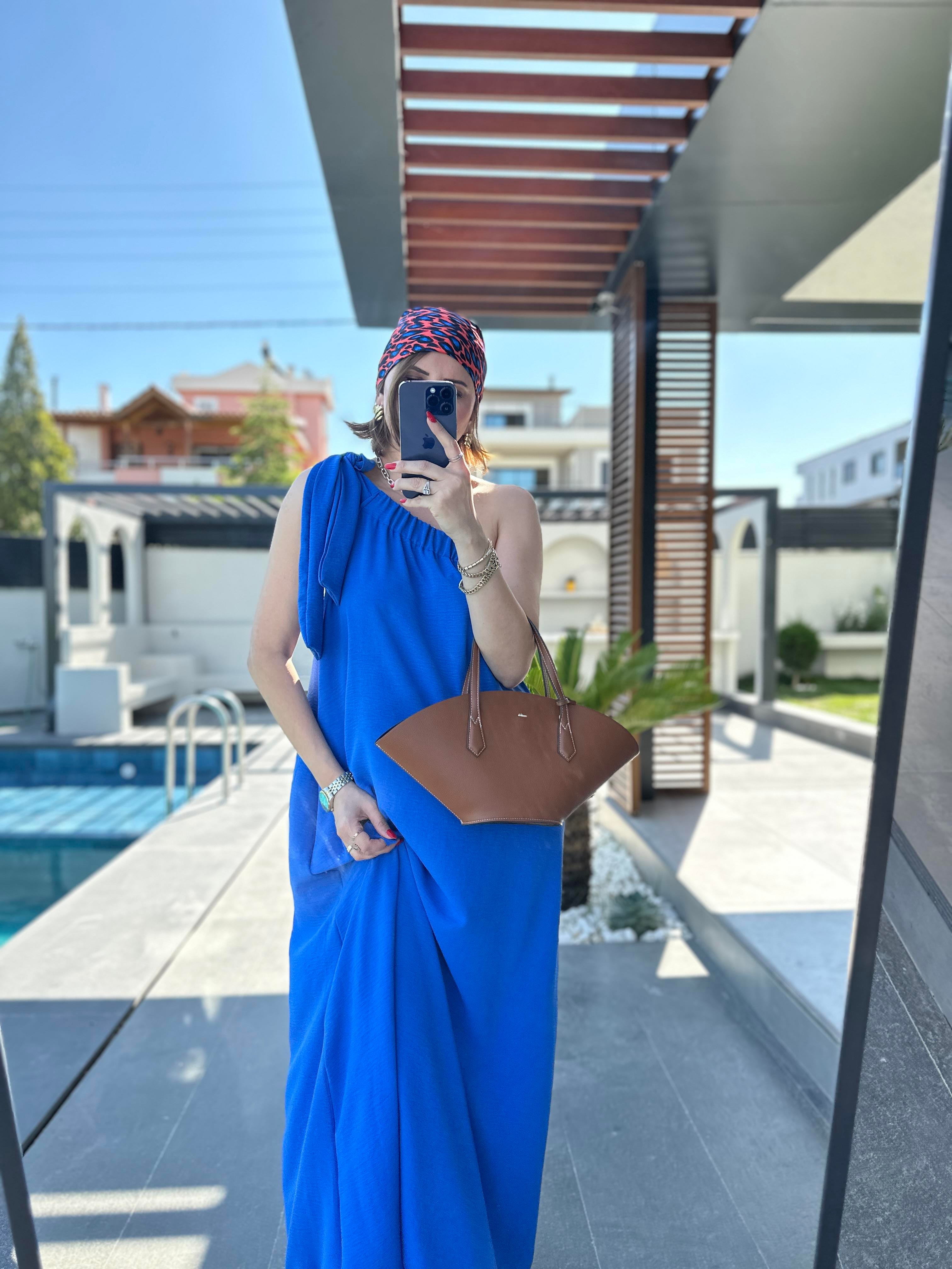 Mavi Tek Omuz Elbise