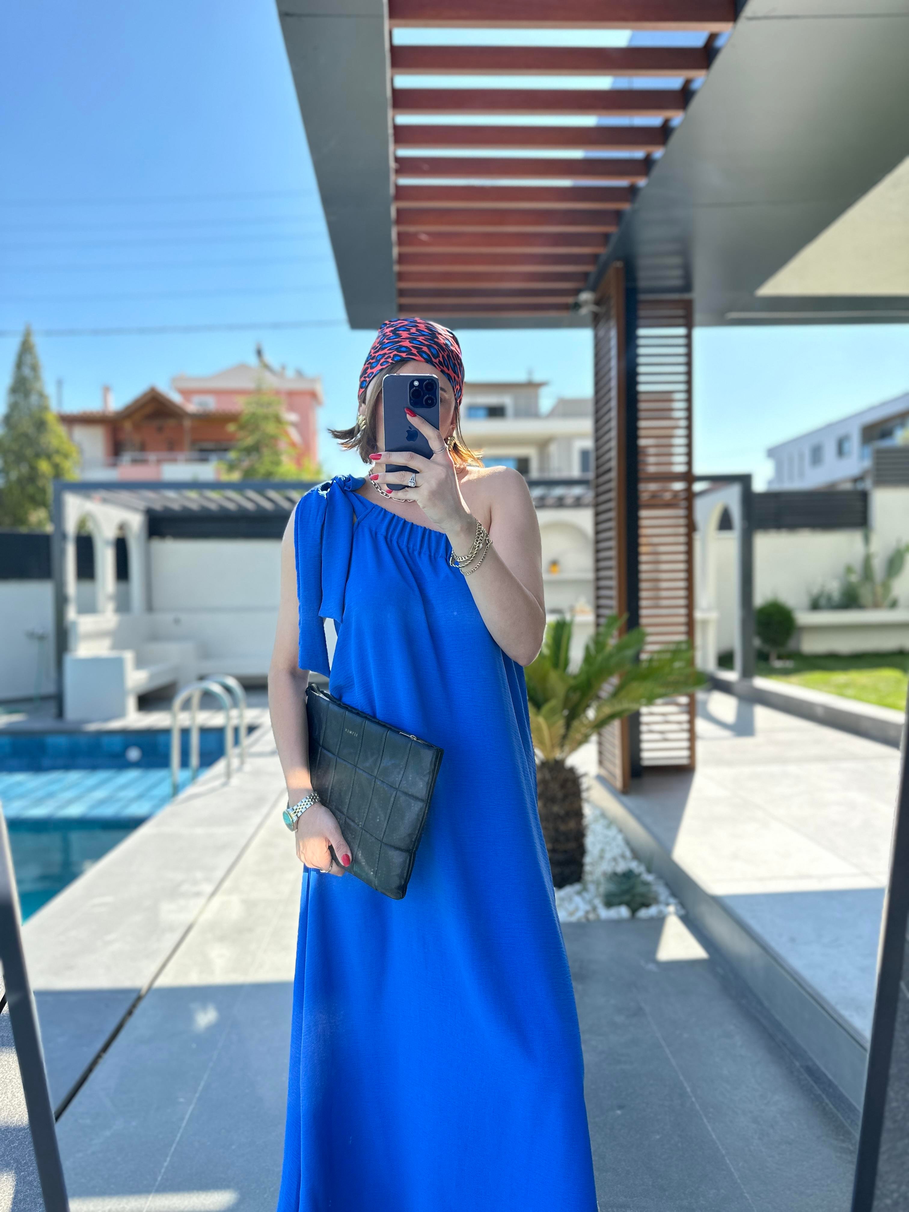 Mavi Tek Omuz Elbise