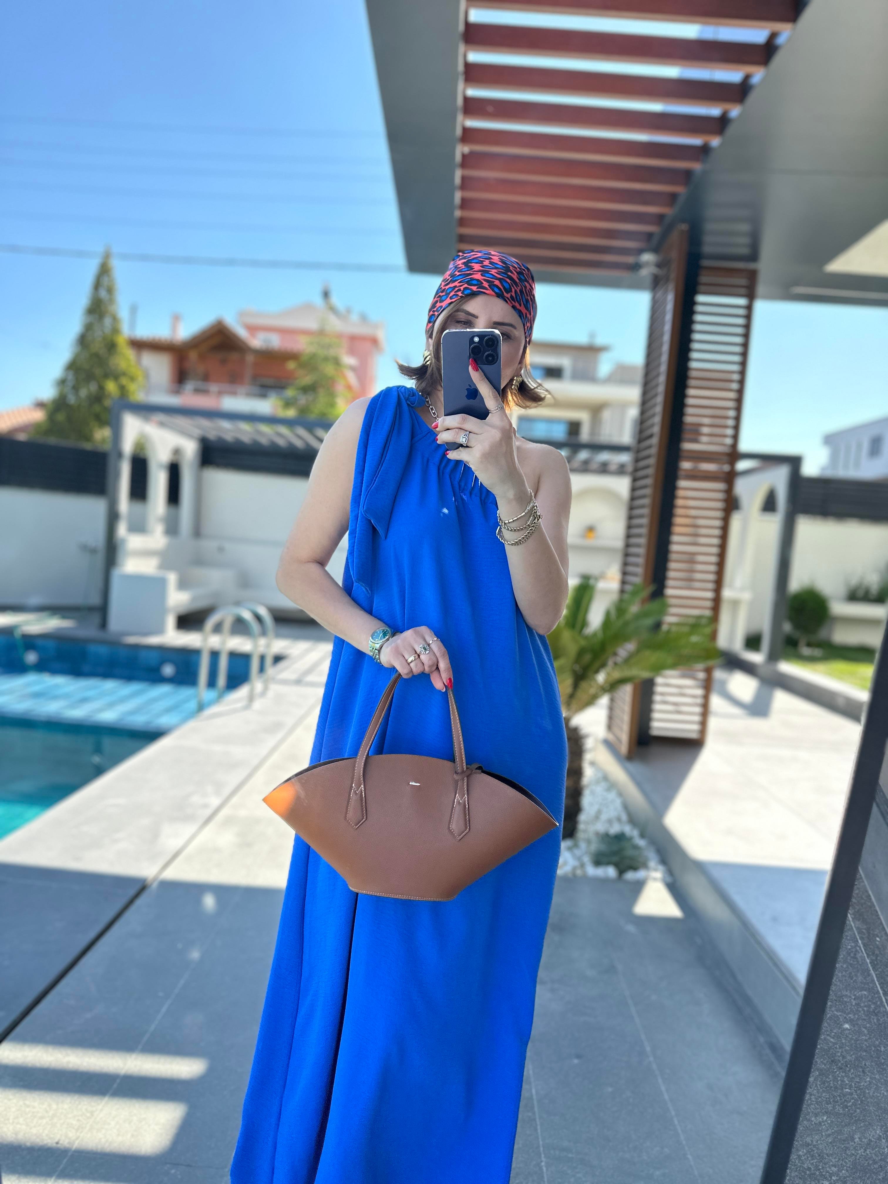 Mavi Tek Omuz Elbise