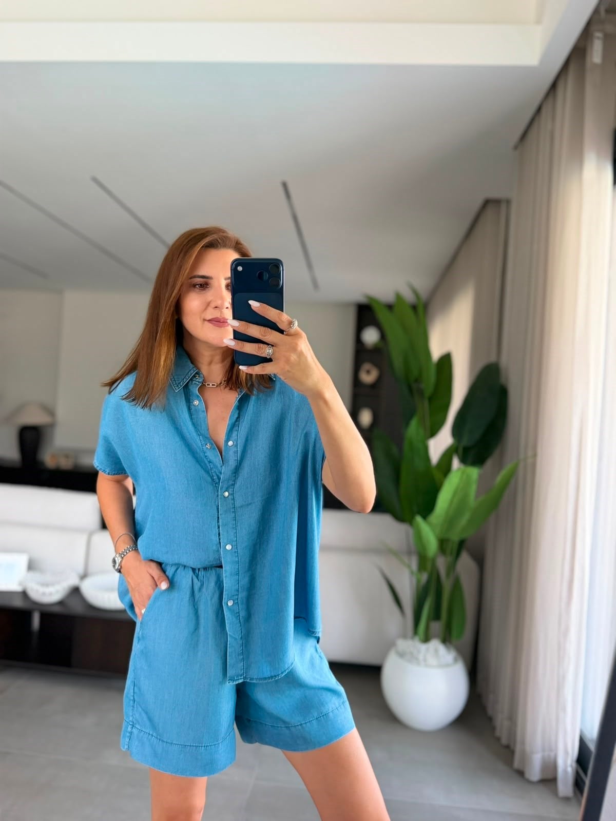 Mavi Tencel Gömlek Şort Takım