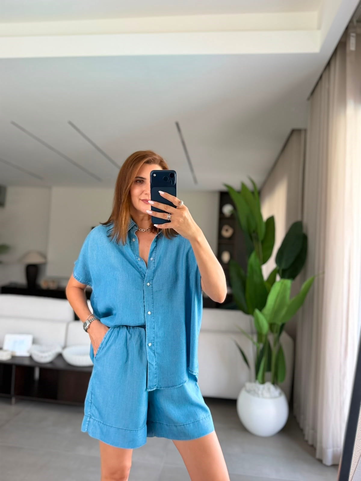 Mavi Tencel Gömlek Şort Takım