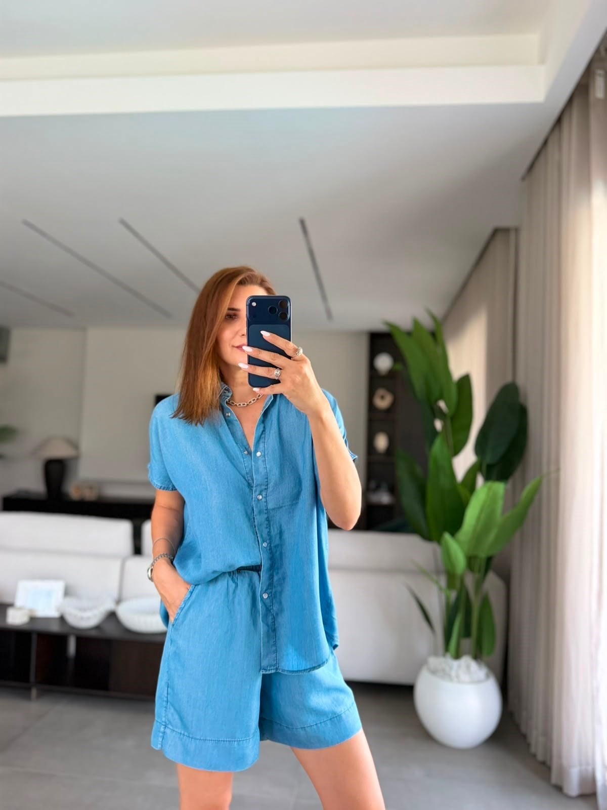 Mavi Tencel Gömlek Şort Takım