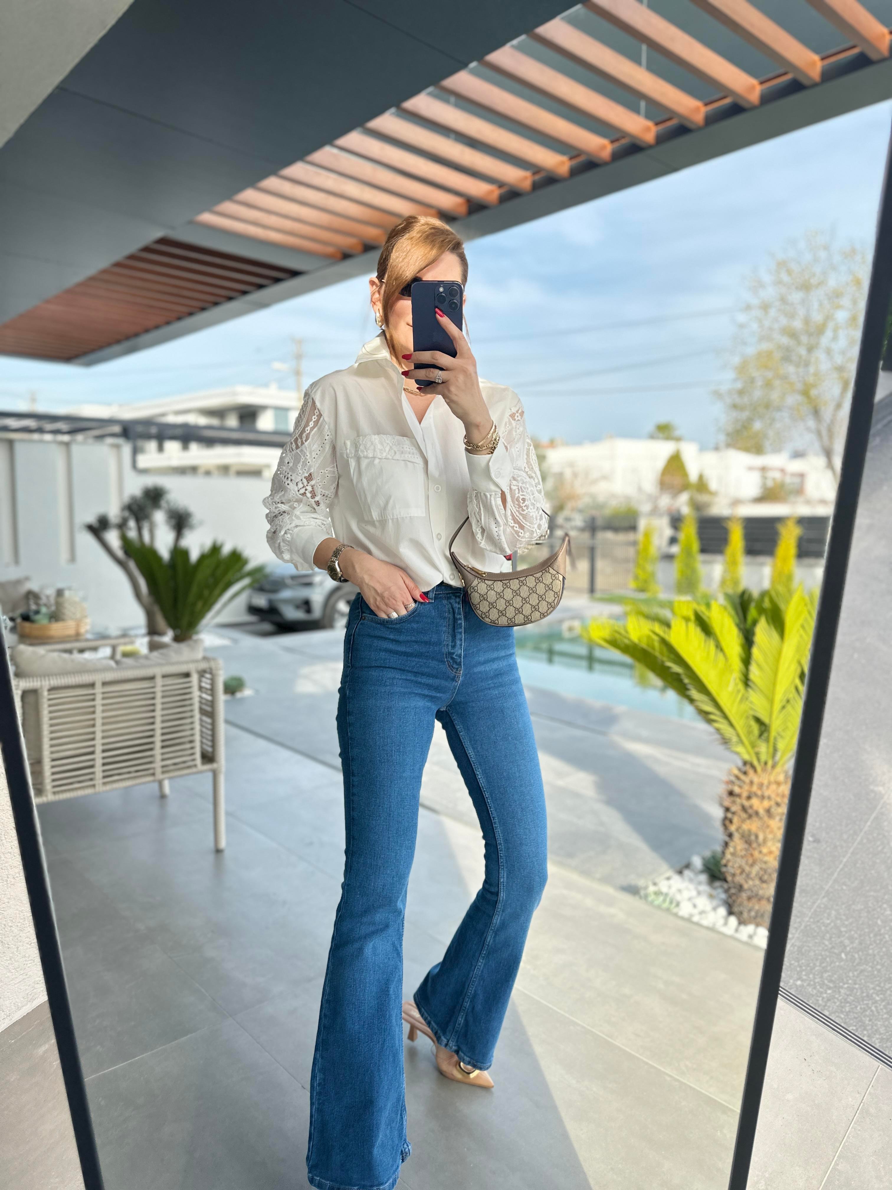 Mavi Yüksek Bel İspanyol Pantolon