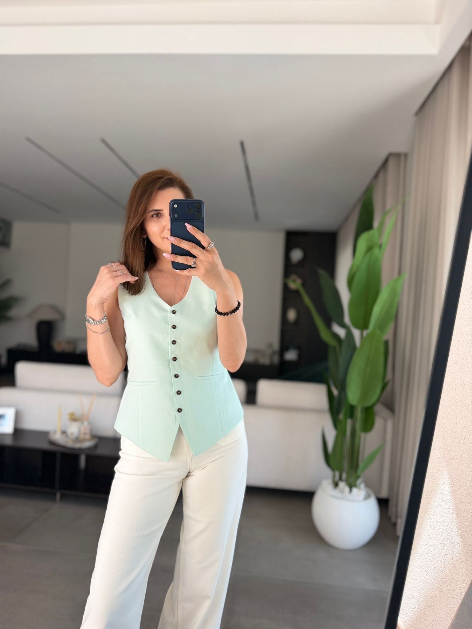 Mint Yeşili Arka Bağlamalı Fletolu Yelek