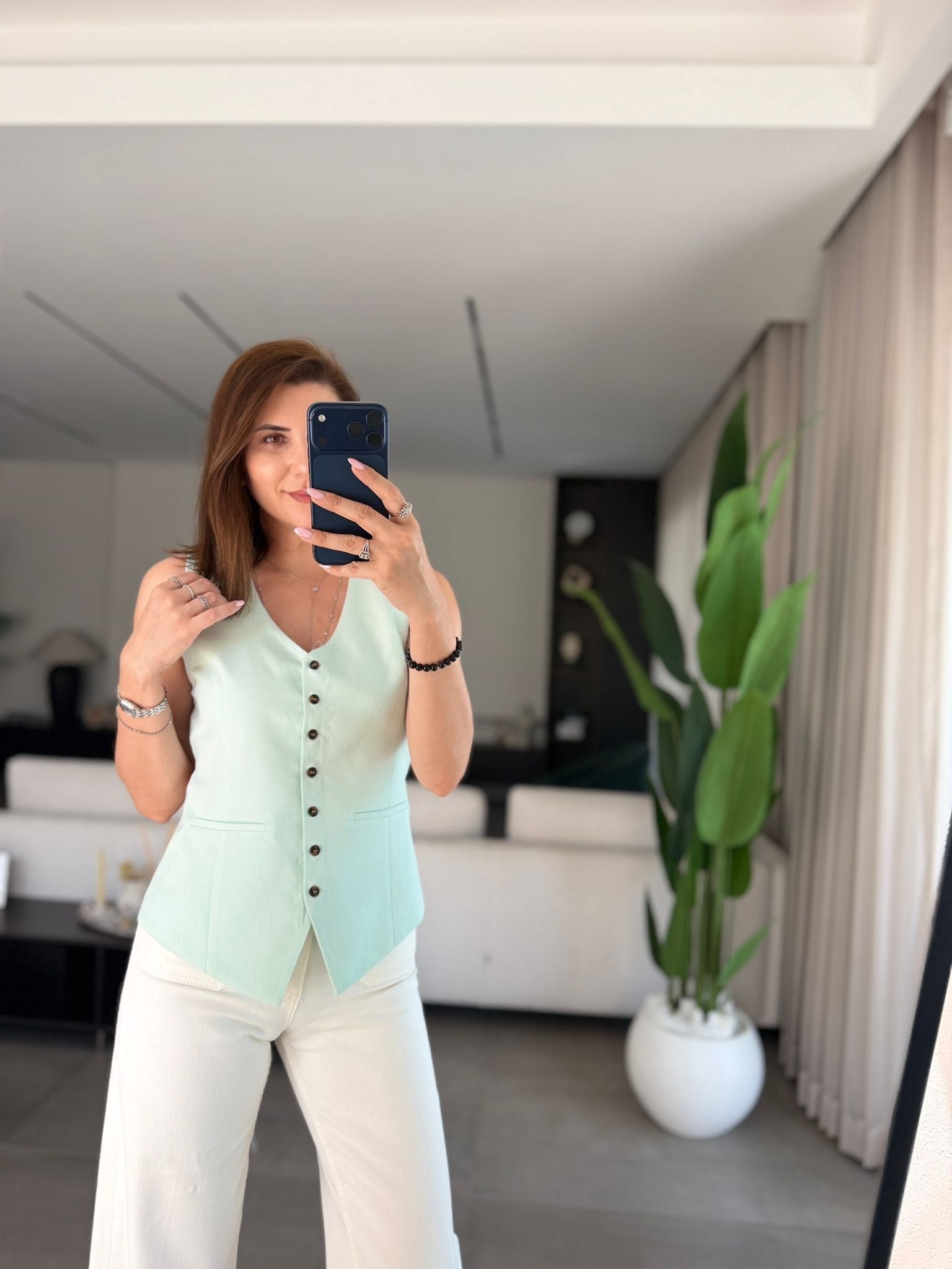 Mint Yeşili Arka Bağlamalı Fletolu Yelek