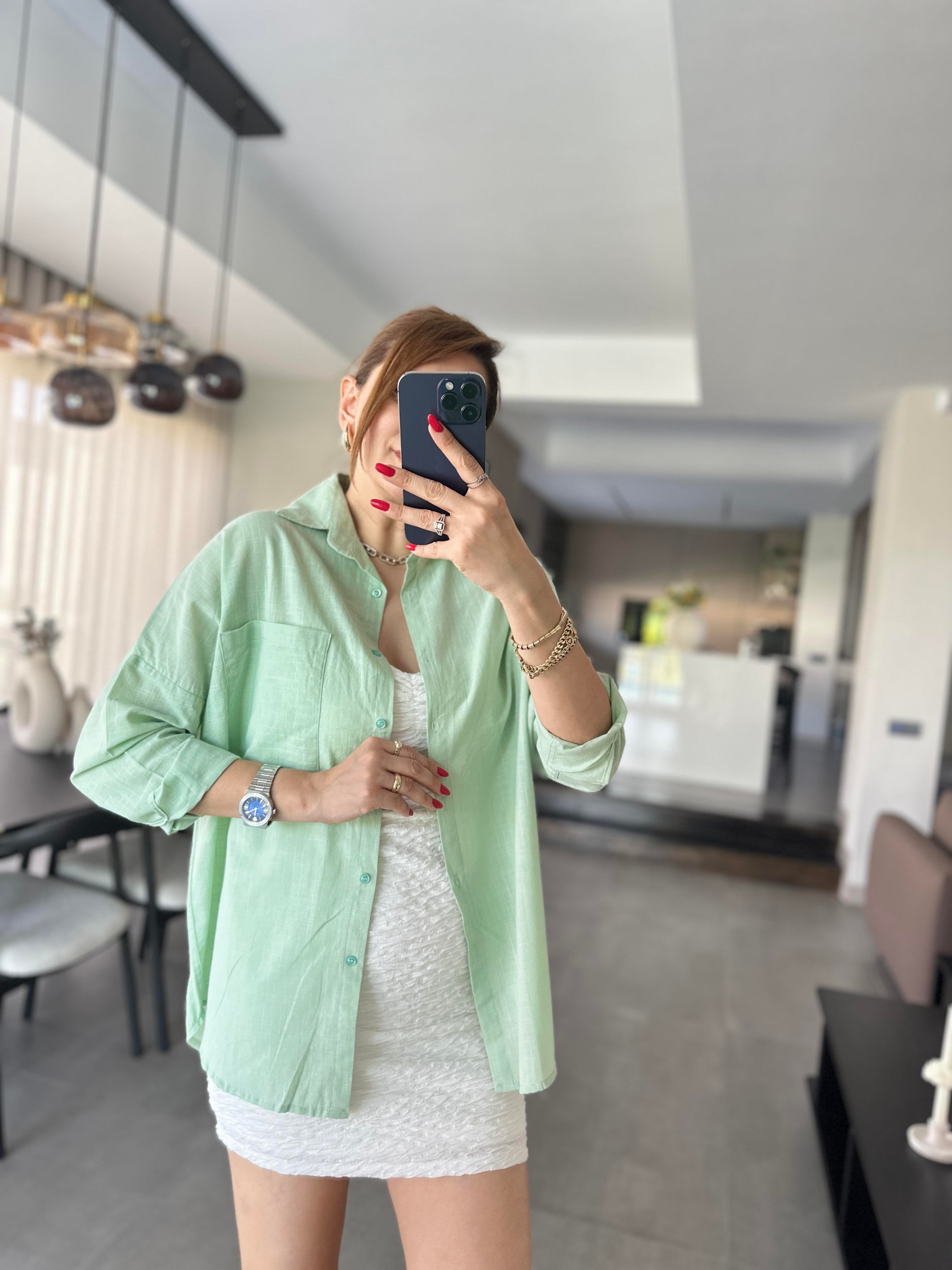 Mint Yeşili Cep Detaylı Oversize Gömlek