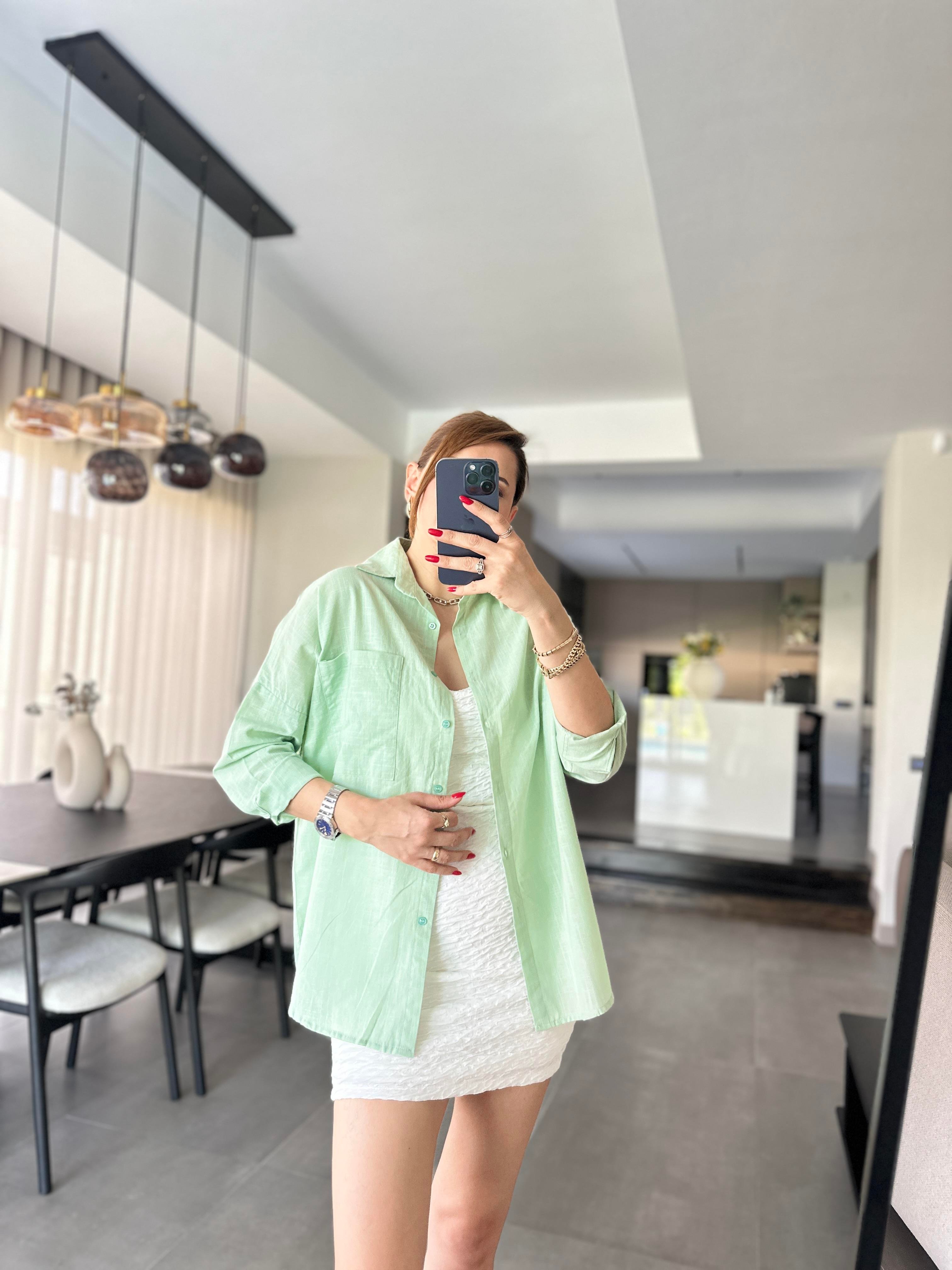 Mint Yeşili Cep Detaylı Oversize Gömlek