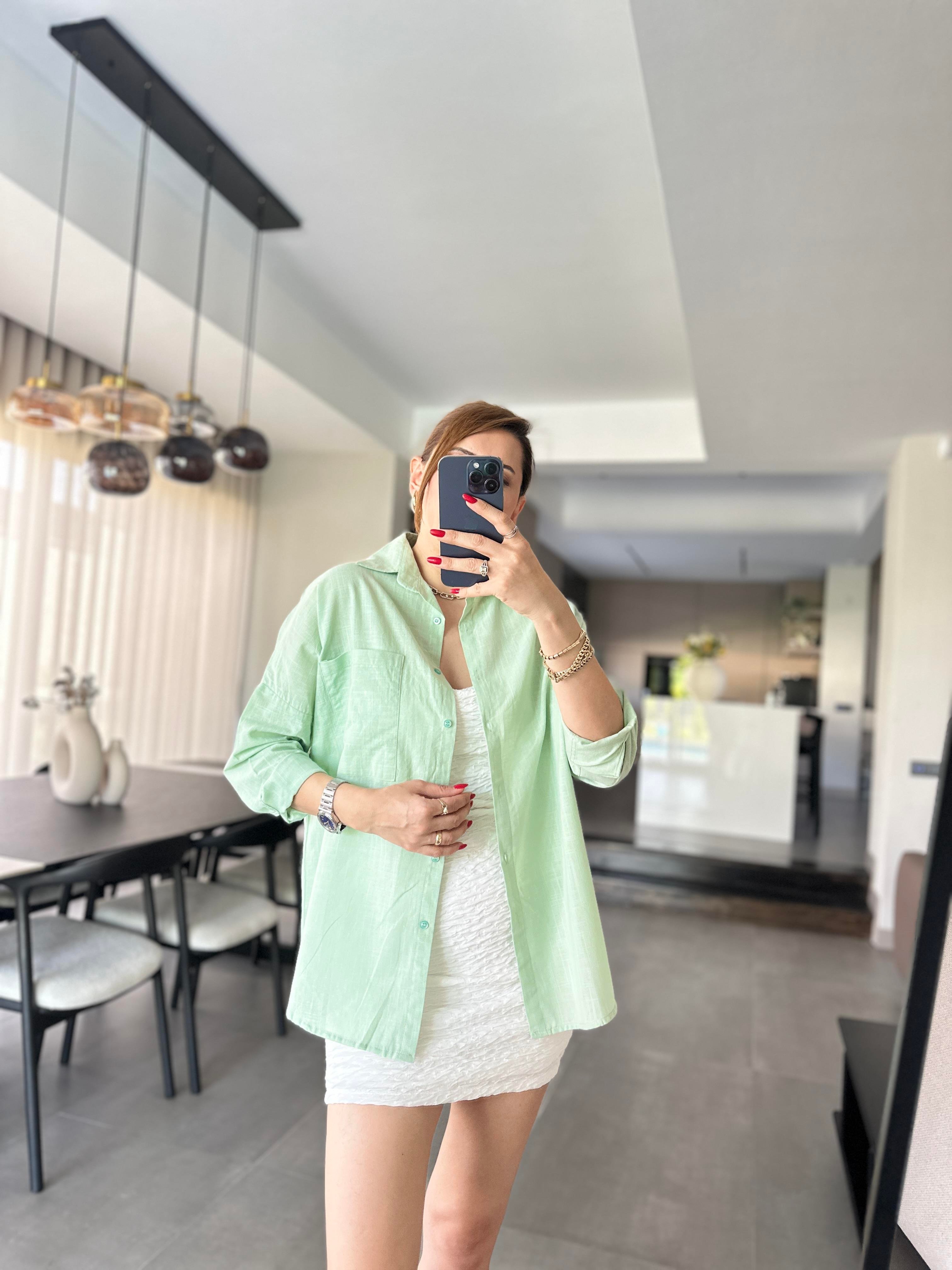 Mint Yeşili Cep Detaylı Oversize Gömlek