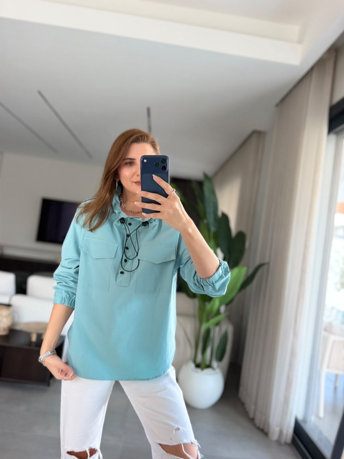 Mint Yeşili Çift Cepli Büzgülü Yağmurluk