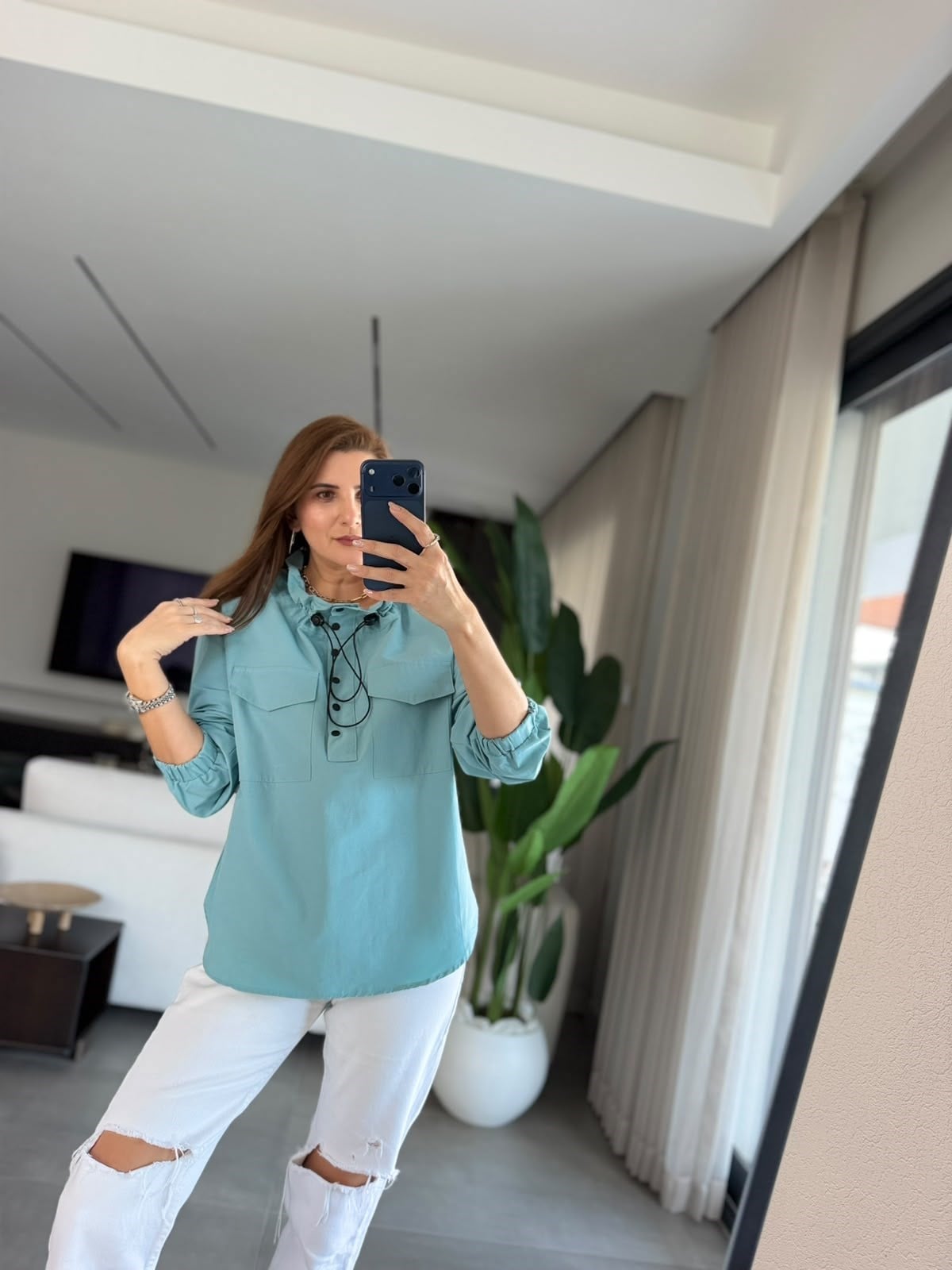 Mint Yeşili Çift Cepli Büzgülü Yağmurluk