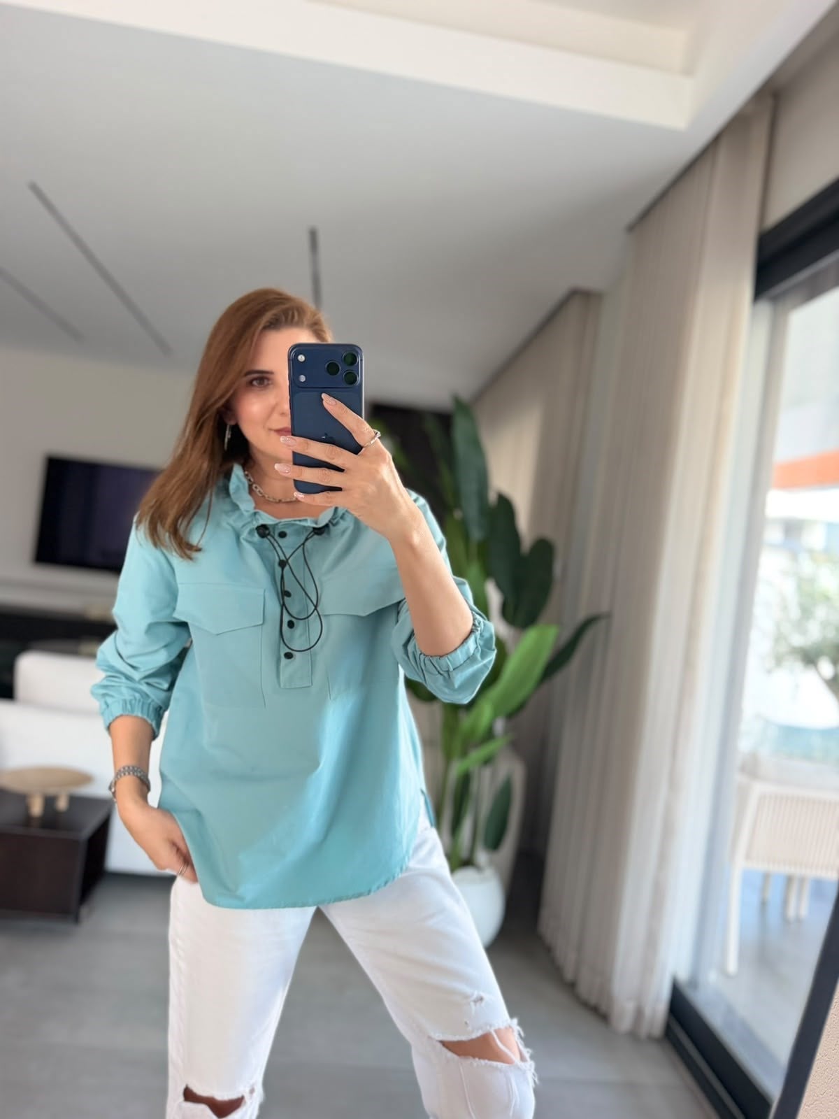 Mint Yeşili Çift Cepli Büzgülü Yağmurluk