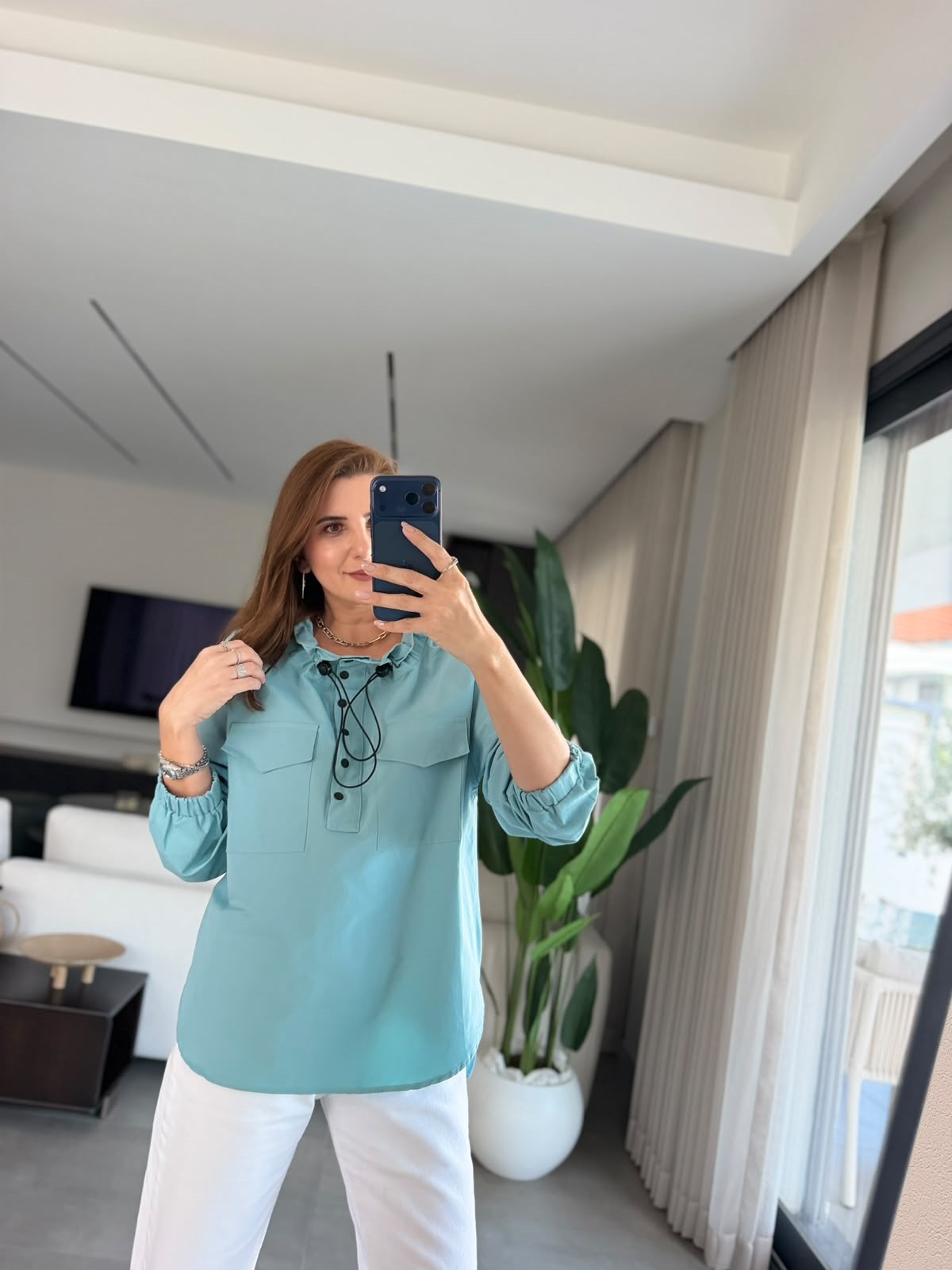 Mint Yeşili Çift Cepli Büzgülü Yağmurluk