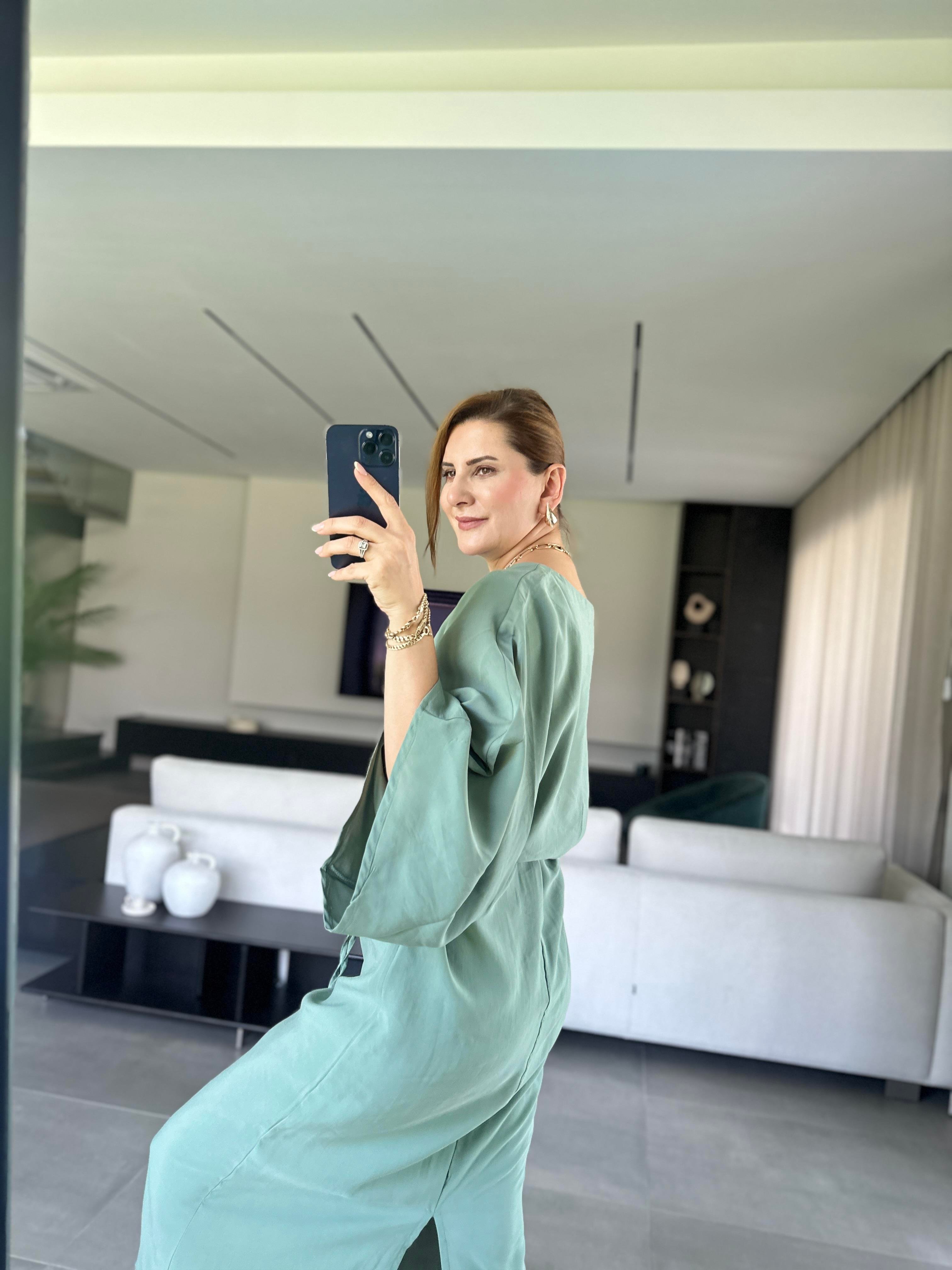 Mint Yeşili Cupra Yarasa Kol Elbise