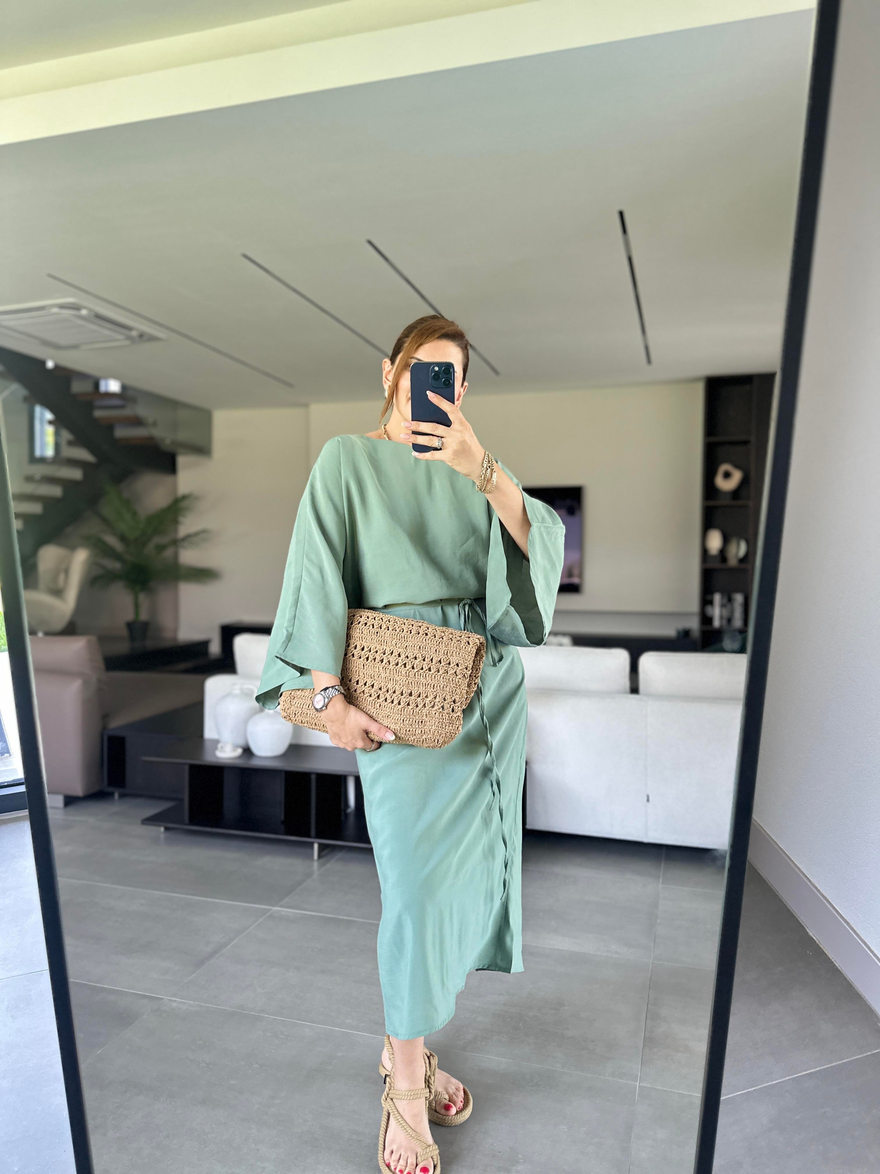 Mint Yeşili Cupra Yarasa Kol Elbise