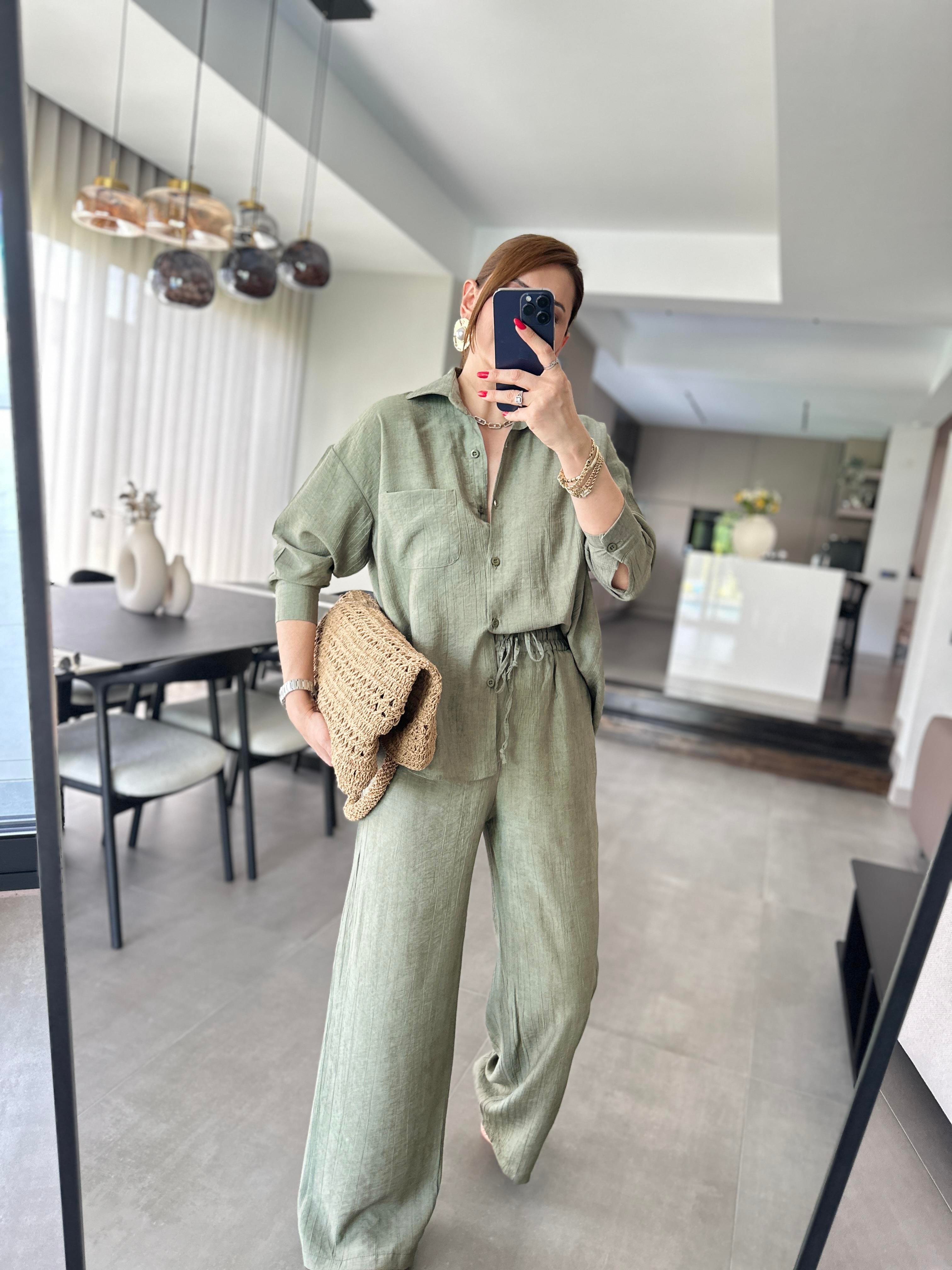 Mint Yeşili Dokuma Gömlek Pantolon Takım