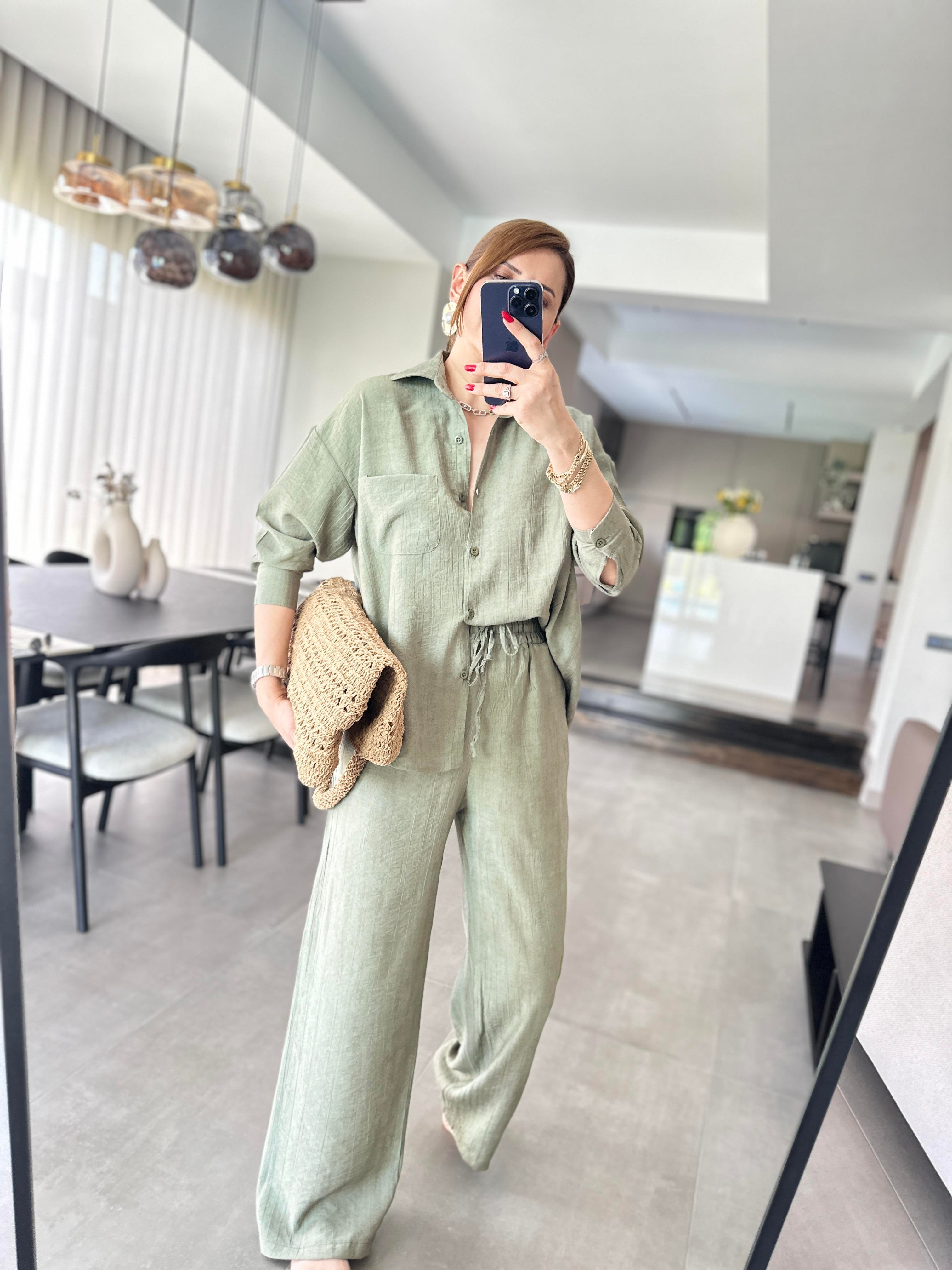 Mint Yeşili Dokuma Gömlek Pantolon Takım