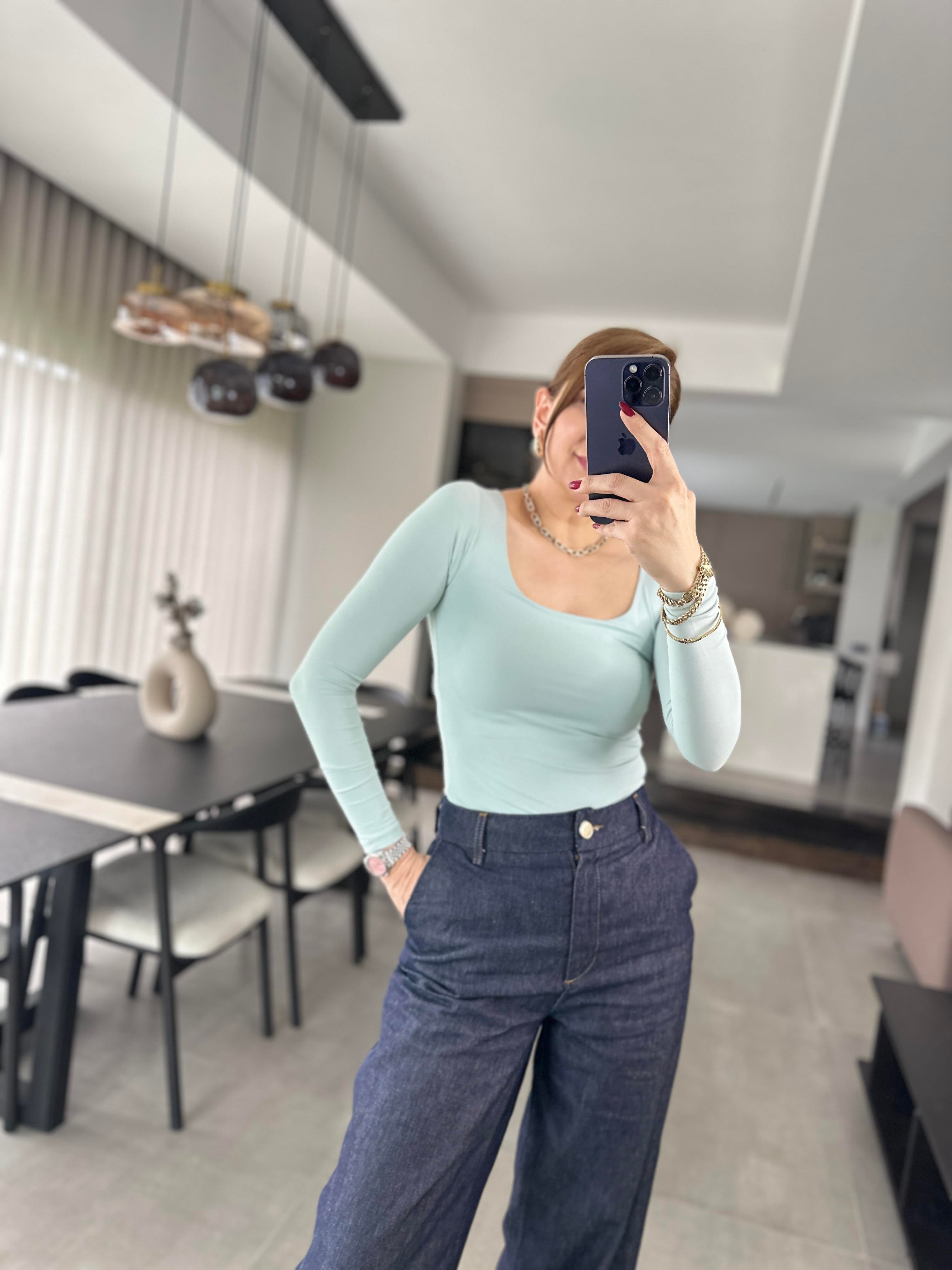 Mint Yeşili Kare Yaka Uzun Kollu Badi