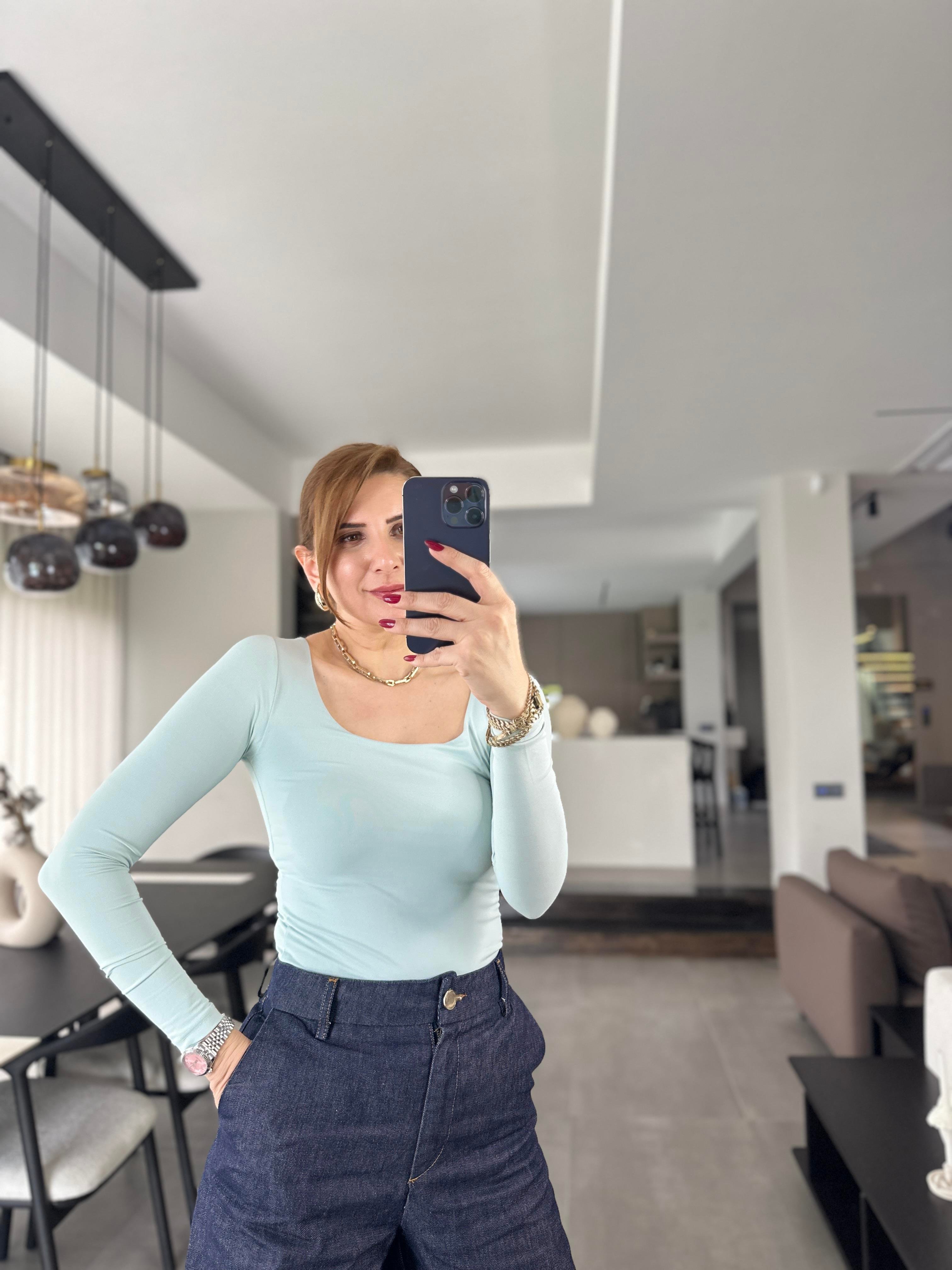 Mint Yeşili Kare Yaka Uzun Kollu Badi