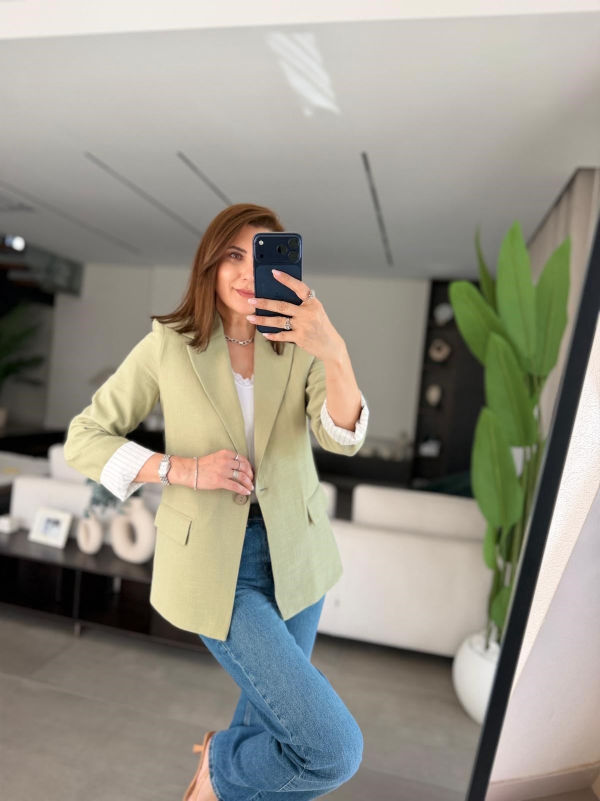 Mint Yeşili Kol Katlamalı Keten Astarlı Blazer Ceket