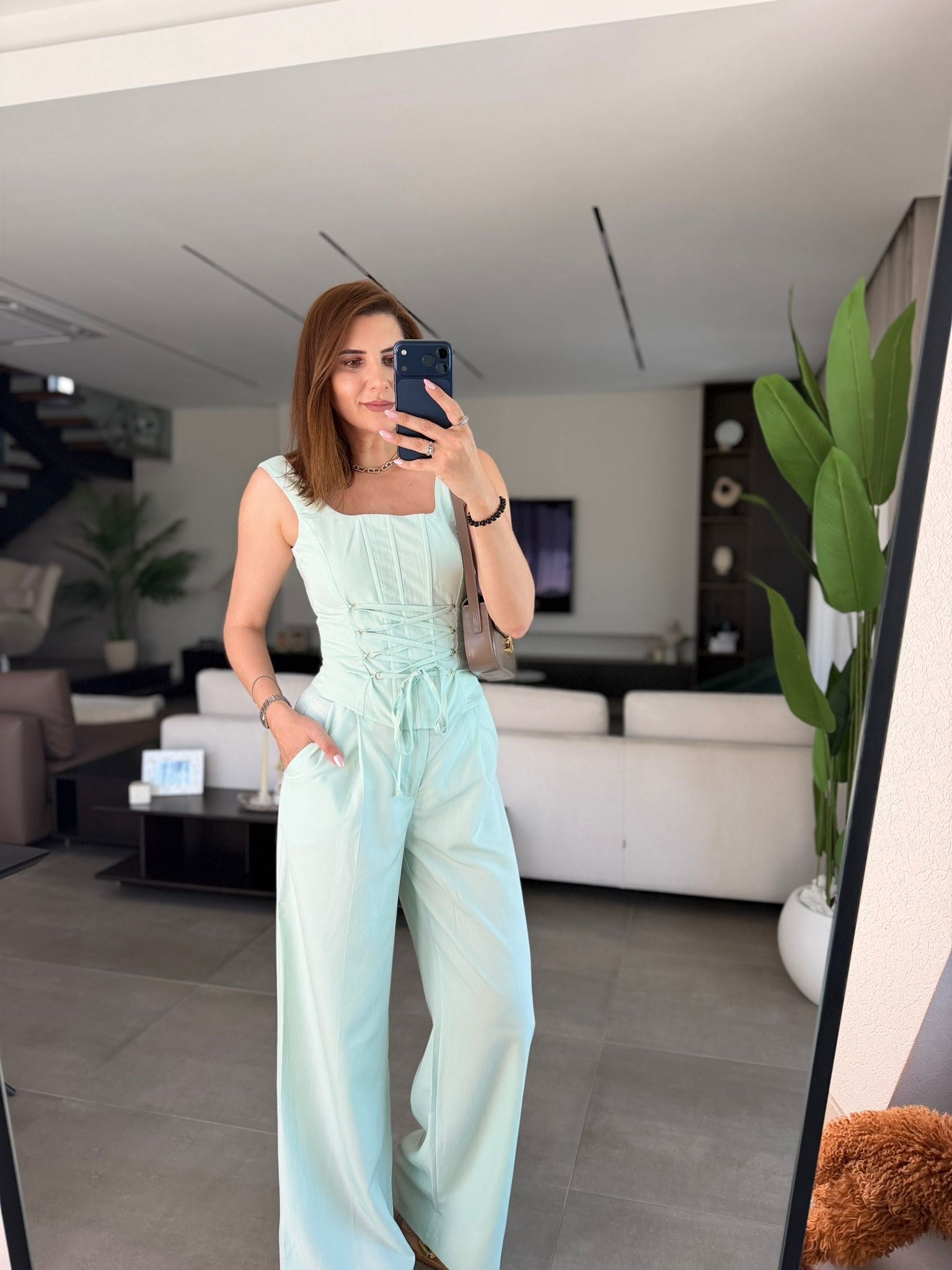 Mint Yeşili Üst Bağlama Detaylı Cepli Pantolon Yaz Takım