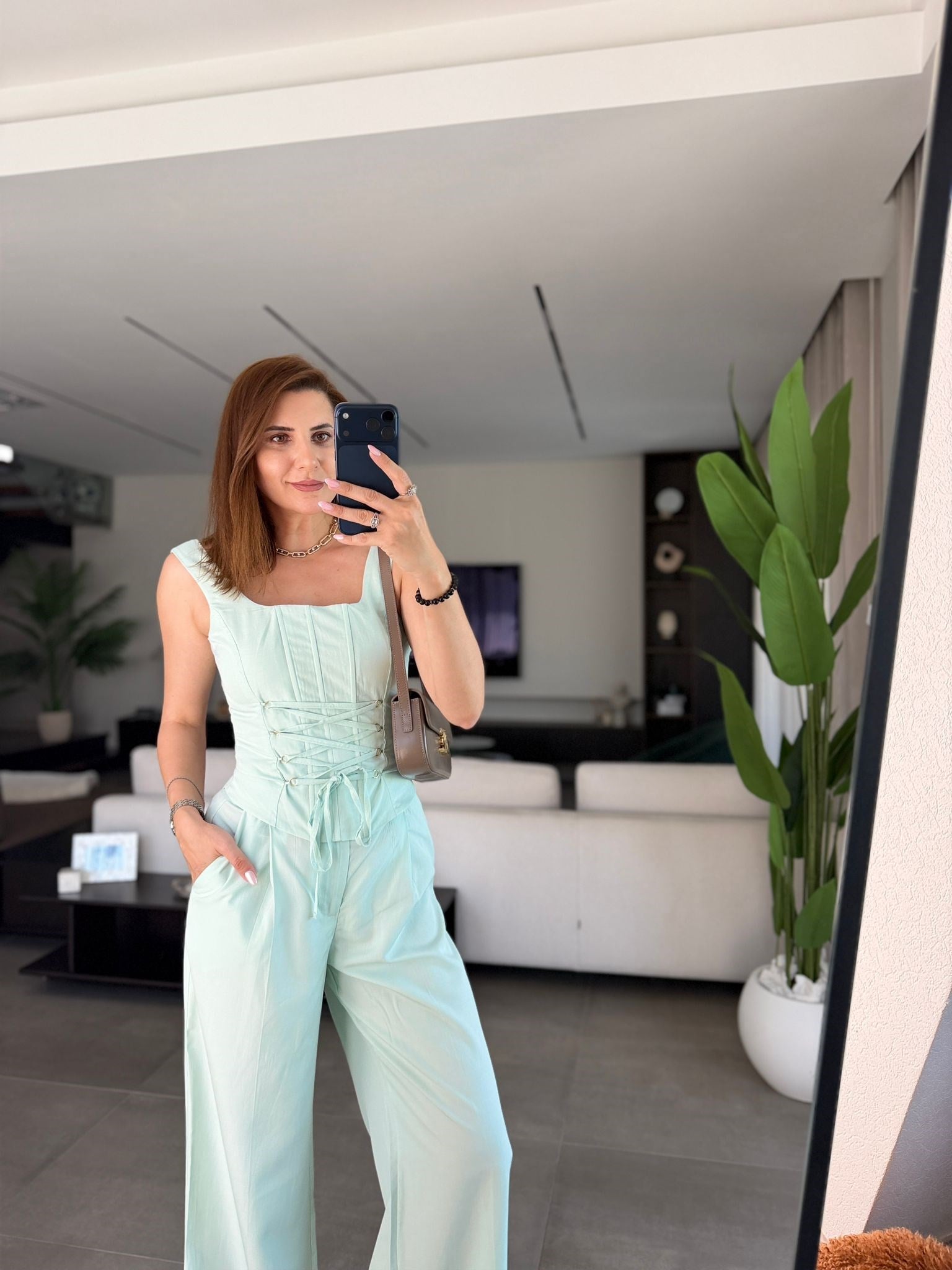 Mint Yeşili Üst Bağlama Detaylı Cepli Pantolon Yaz Takım
